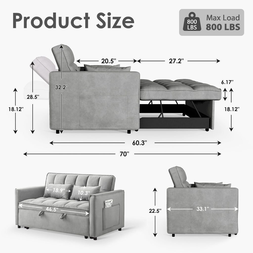 Anpport 3-in-1 Convertible Sleeper Sofa Bed, Pull-Out Loveseat Couch with Adjustable Back for Small Spaces, Velvet Fabric, 55, Dark Gray