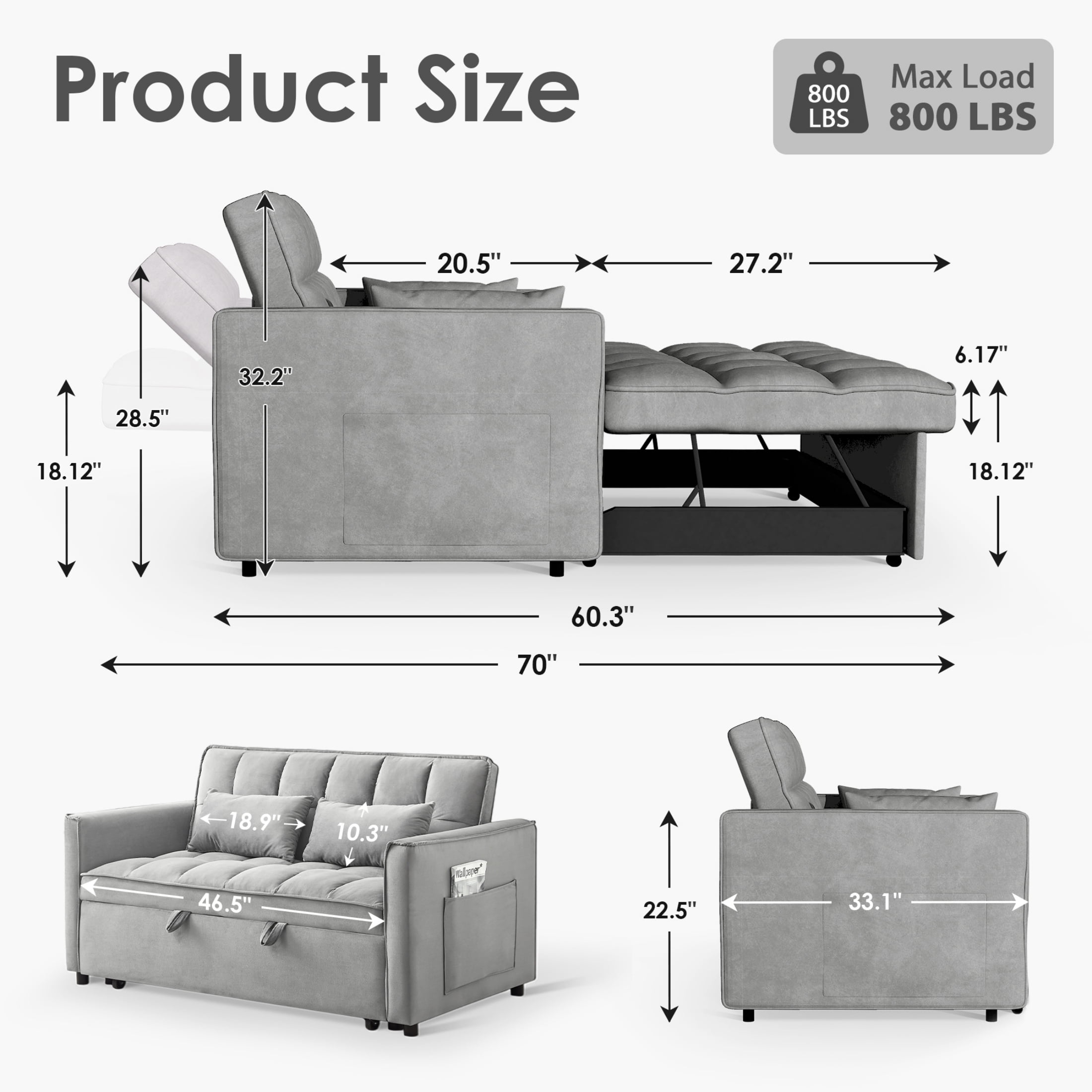 Anpport 3-in-1 Convertible Sleeper Sofa Bed, Pull-Out Loveseat Couch with Adjustable Back for Small Spaces, Velvet Fabric, 55, Dark Gray