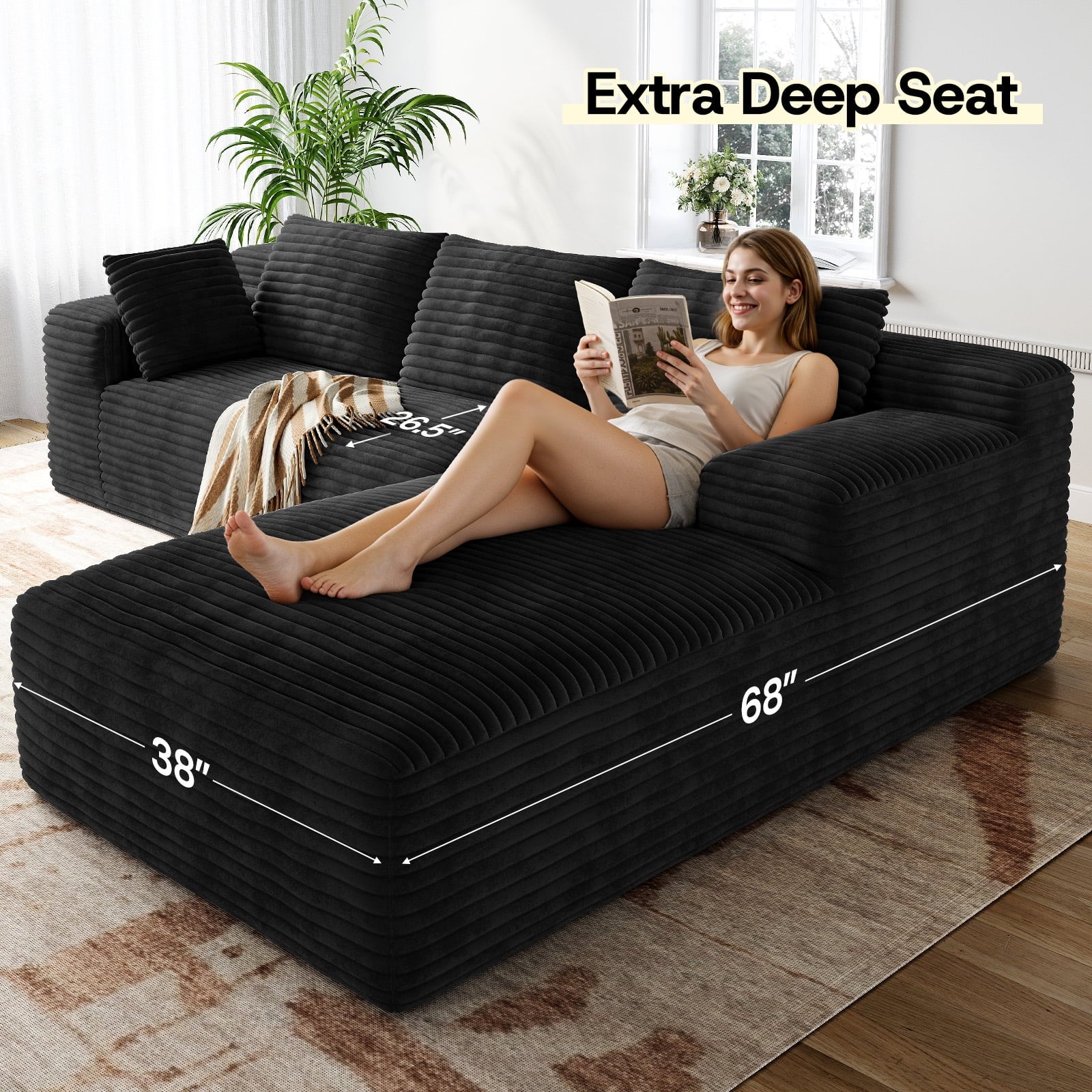 Patbrela 106 Sectional Couch for Living Room, L-Shaped Boneless Cloud Couch Corduroy Modern Sectional Sofa with Deep Seat and Thickened Cushion, No Assembly Required, Black