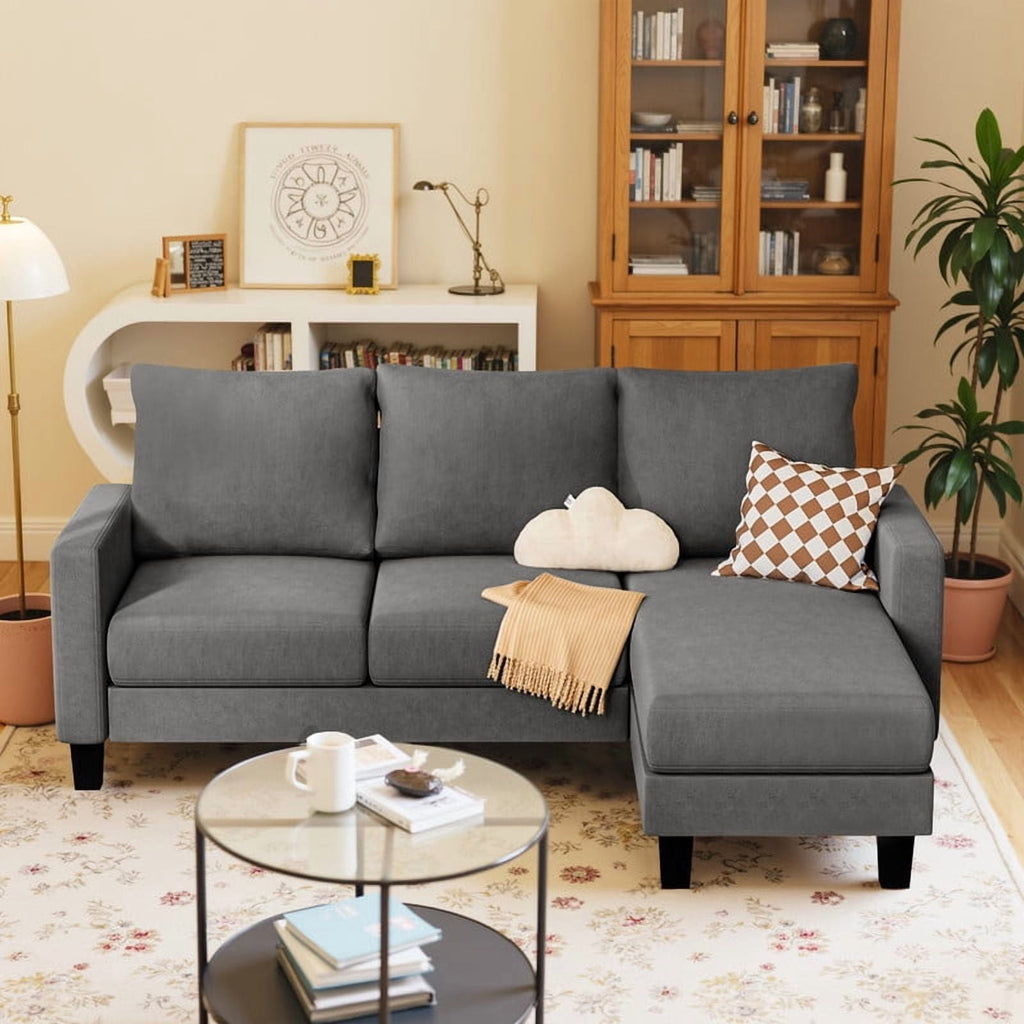 Homall Convertible Sectional Sofa Couch, Modern Linen Fabric L-Shaped Couch 3-Seat Sofa Sectional with Reversible Chaise for Small Living Room, Apartment and Small Space, Light Gray