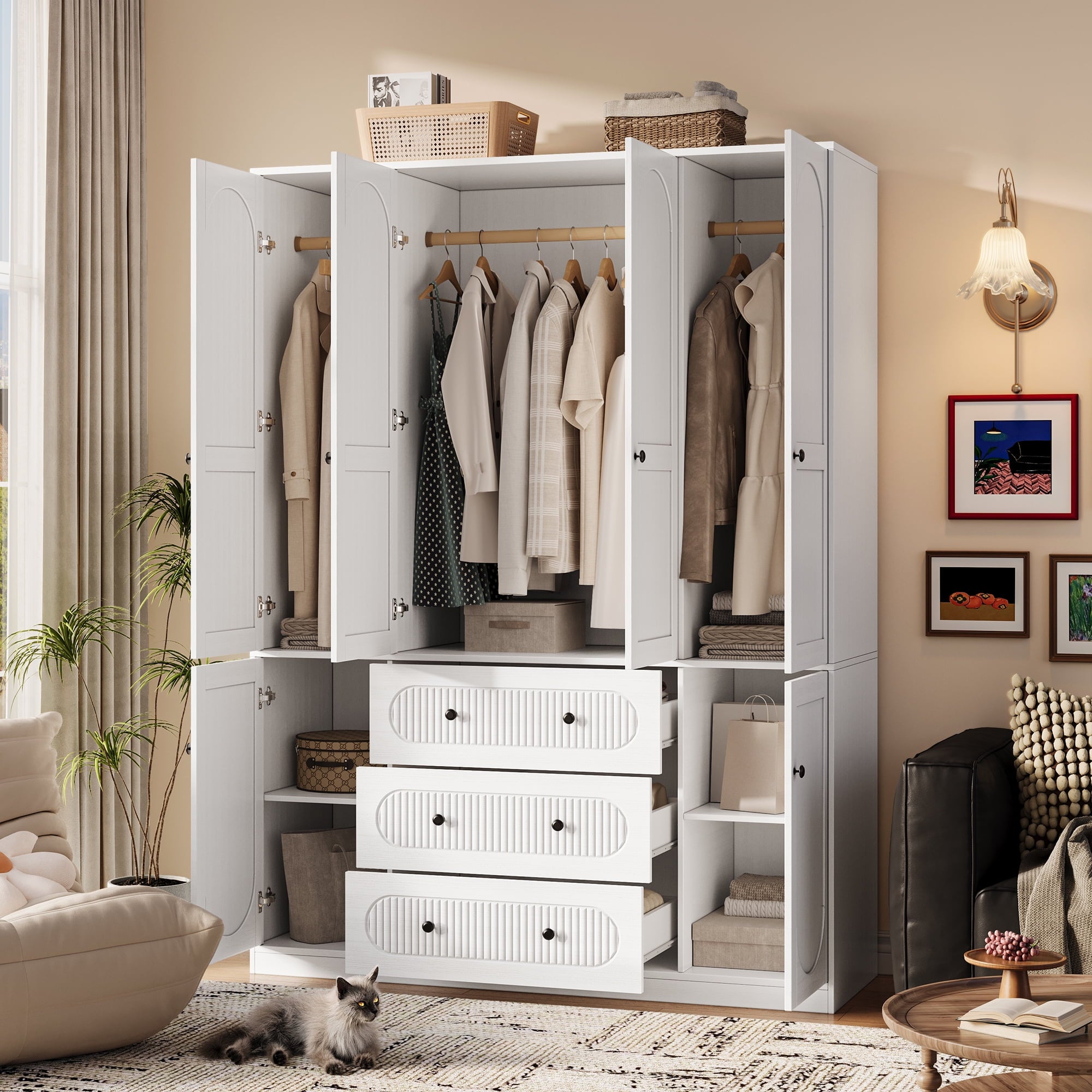 UGTOO 72H 4-Door Wardrobe Armoire with 3 Hanging Rods & 3 Drawers – Black Wooden Closet Storage Cabinet, Large Capacity Freestanding Clothes Organizer for Bedroom