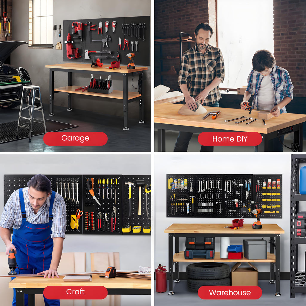 Workbench for Garage,ENJOYWOOD Heavy-Duty 60 inch 2 Tier Wood Work Bench with Storage Pegboards,Rubber Mat,Power Outlets, Rubber Wood Tabletop 2000 LBS Load Bearing Workstation Garage Desk Work Table