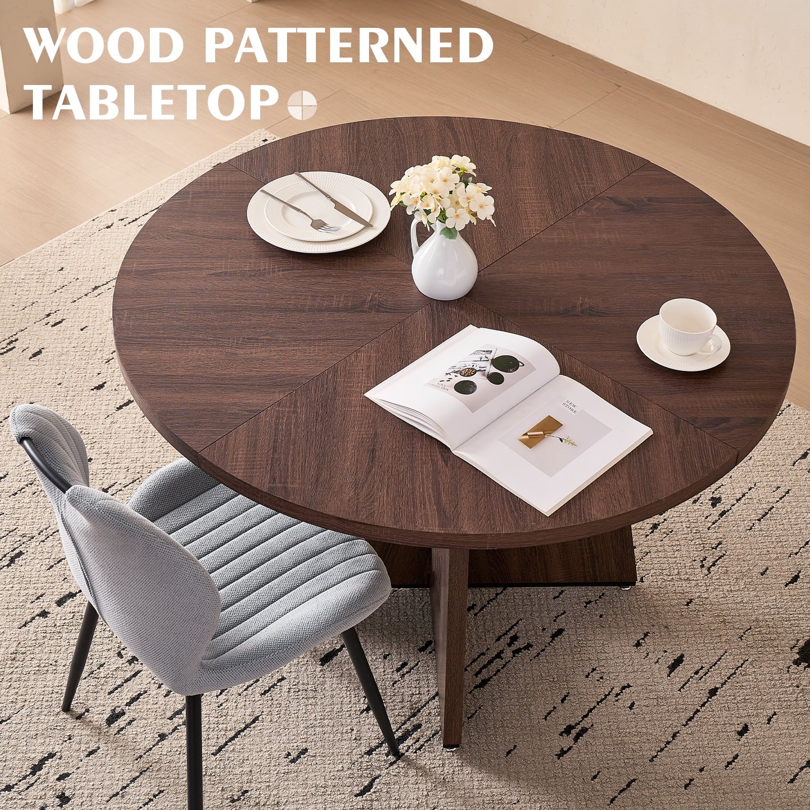 5 Piece 47'' Round Dining Table Chairs Set for 4, Farmhouse Oak Kitchen Table with 4 Boucle Mid Century Modern Dinning Room Chairs, Wood Dinner Table &Upholstered Chair Set of 4, Beige