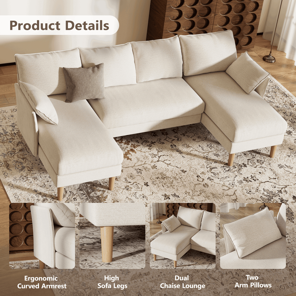 BedLuxury 100 U-Shape Sectional Sofa with Chaise, Chenille Modern Couch with High Legs for Living Room, Apartment, Gray