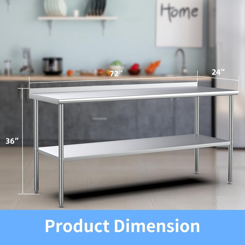 Ktaxon 72 x 24'' Stainless Steel Worktables Workbenches, Commercial Work Table for Prep, with Backsplash, for Kitchen, Restaurant, Home, Hotel