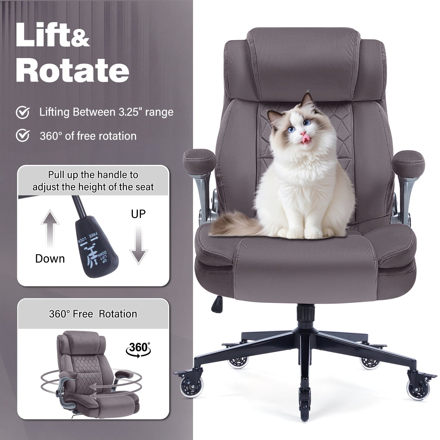 High Back Office Chair with Lockable Wheels, 400lbs Large Fabric Executive Desk Chair, Adjustable Lumbar Support Flip up Arms, Ergonomic Home Office Computer Chair with Storage Pocket, Black
