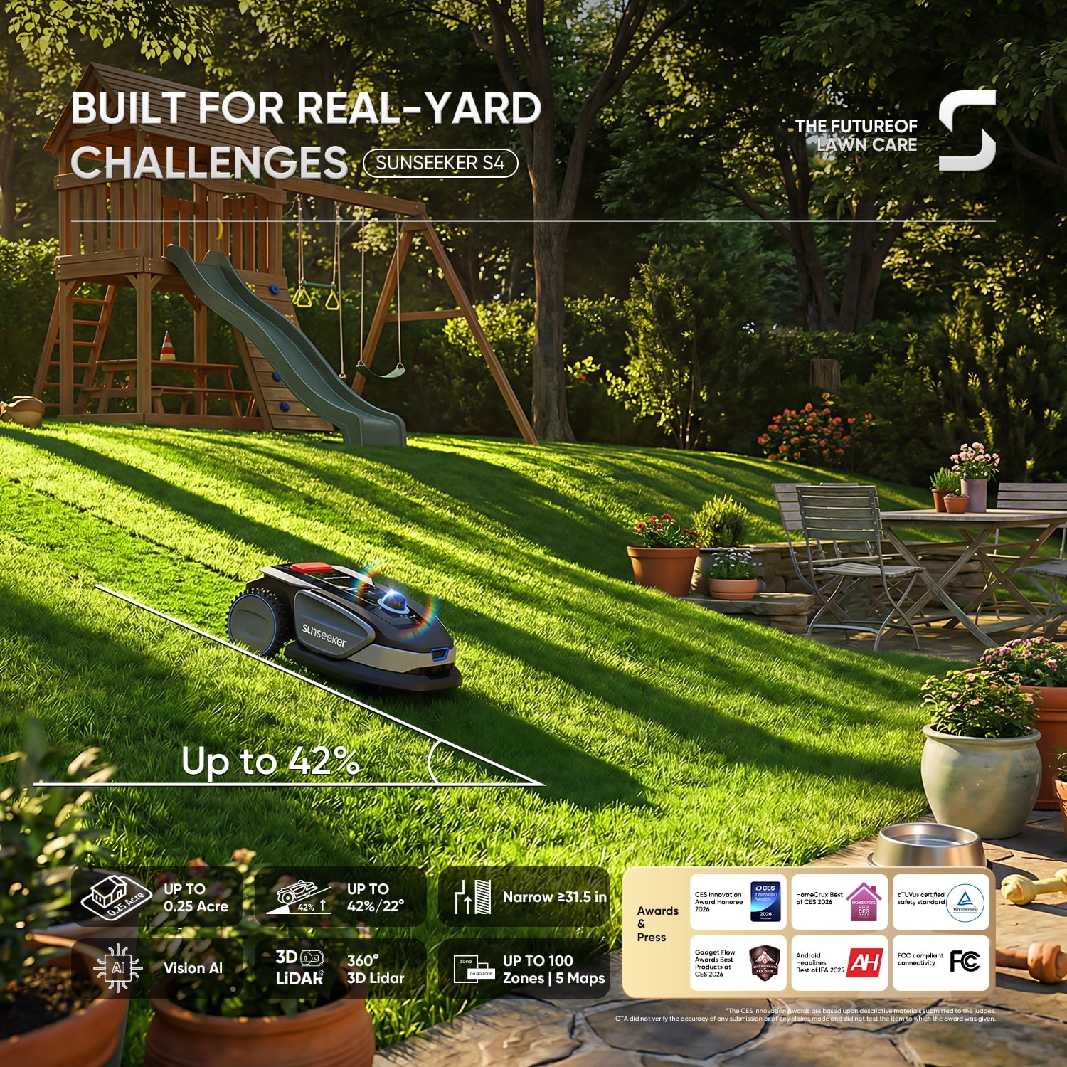 Sunseeker S4 LiDAR Robot Lawn Mower for Up to 0.25 Acre (1000 m²), Vision AI + 360° 3D LiDAR Navigation, Wire-Free Virtual Boundary, Systematic Cutting, 42% Slope, App Control, 60 dB Quiet Mowing