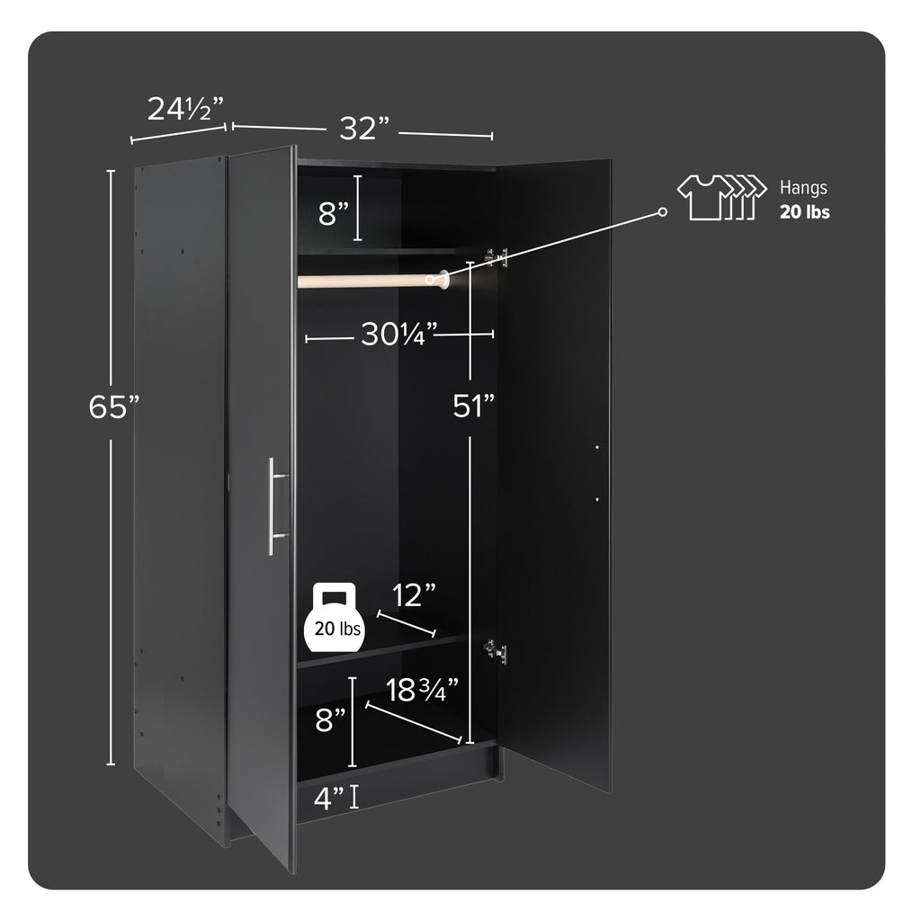Prepac Armoir, Elite 32W x 35H x 20D White Wardrobe Closet & Cabinet - Functional Clothes Storage with Hanging Rail, Armoire Wardrobe - WEW-3264