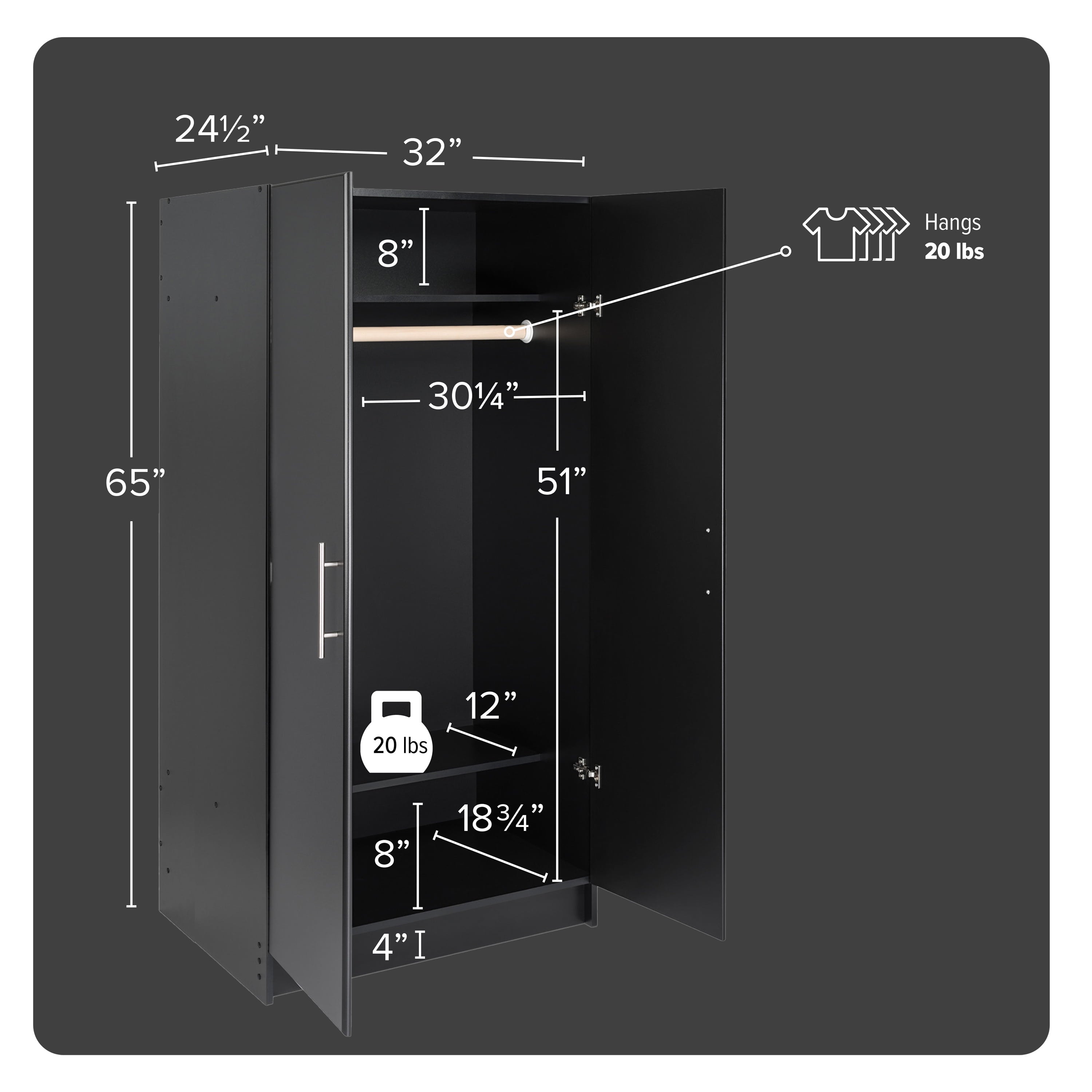 Prepac Armoir, Elite 32W x 35H x 20D White Wardrobe Closet & Cabinet - Functional Clothes Storage with Hanging Rail, Armoire Wardrobe - WEW-3264