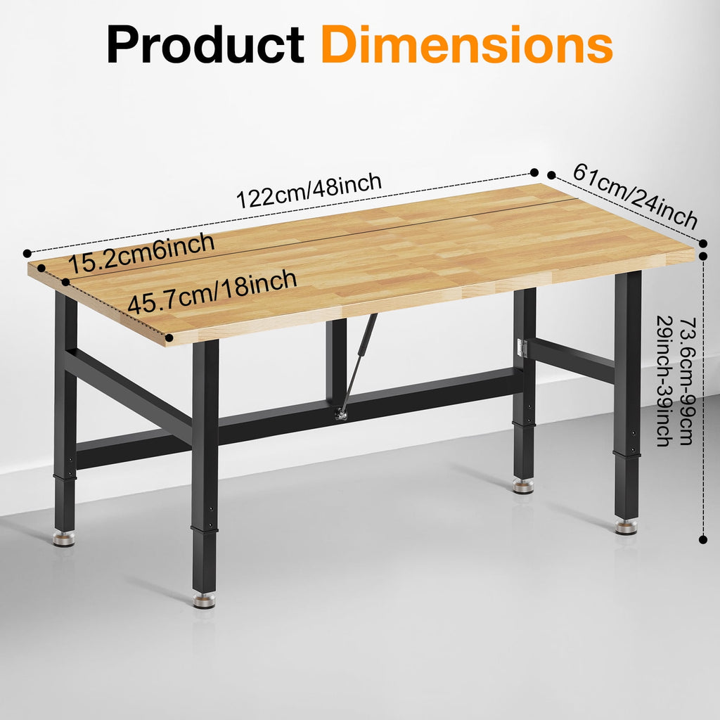 MUWOOD 48-inch Folding Workbench with Adjustable Height, Wood Worktop, Rubberwood, 2000 LBS Capacity Heavy Duty for Workshop, Garage, Office, Home