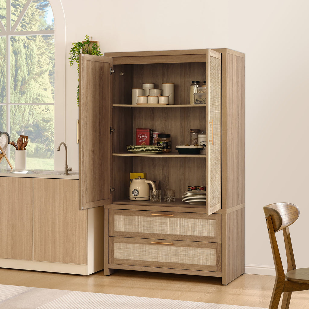 SICOTAS 40W Oversized Boho Armoire Wardrobe Closet with 2 Large Drawers, 71 Tall Rattan Clothing Storage Cabinet with Shelves & Hanging Rod, Farmhouse Freestanding Wardrobe Cabinet for Bedroom, Oak