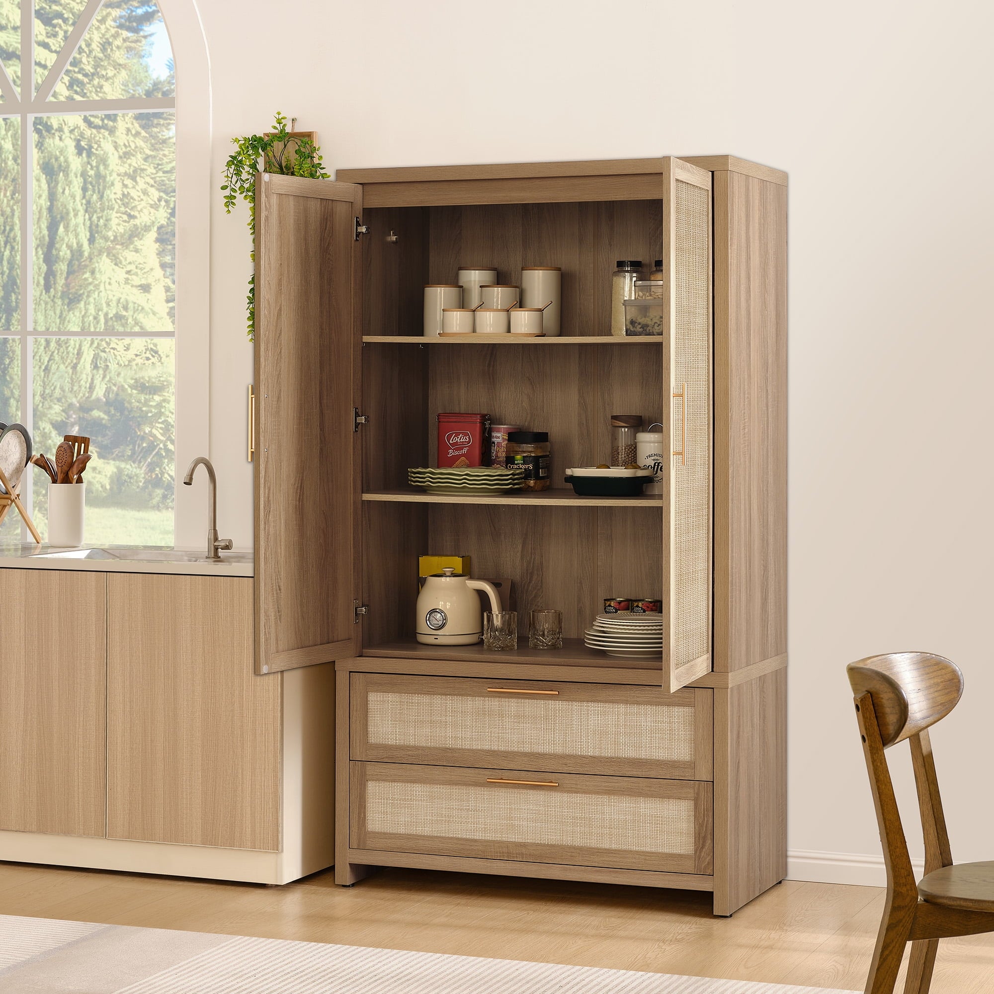 SICOTAS 40W Oversized Boho Armoire Wardrobe Closet with 2 Large Drawers, 71 Tall Rattan Clothing Storage Cabinet with Shelves & Hanging Rod, Farmhouse Freestanding Wardrobe Cabinet for Bedroom, Oak