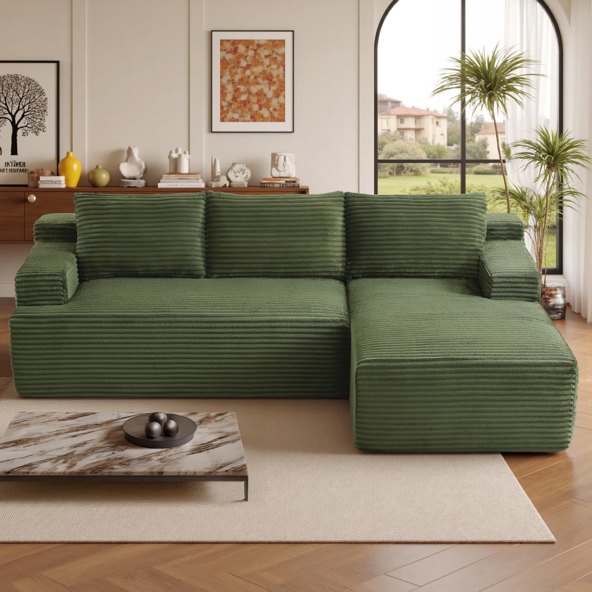 96 L-Shaped Sectional Couches for Living Room, Modular Cloud Couch with Chaise, Corduroy Deep Seat Boneless Sofa, No Assembly, Black