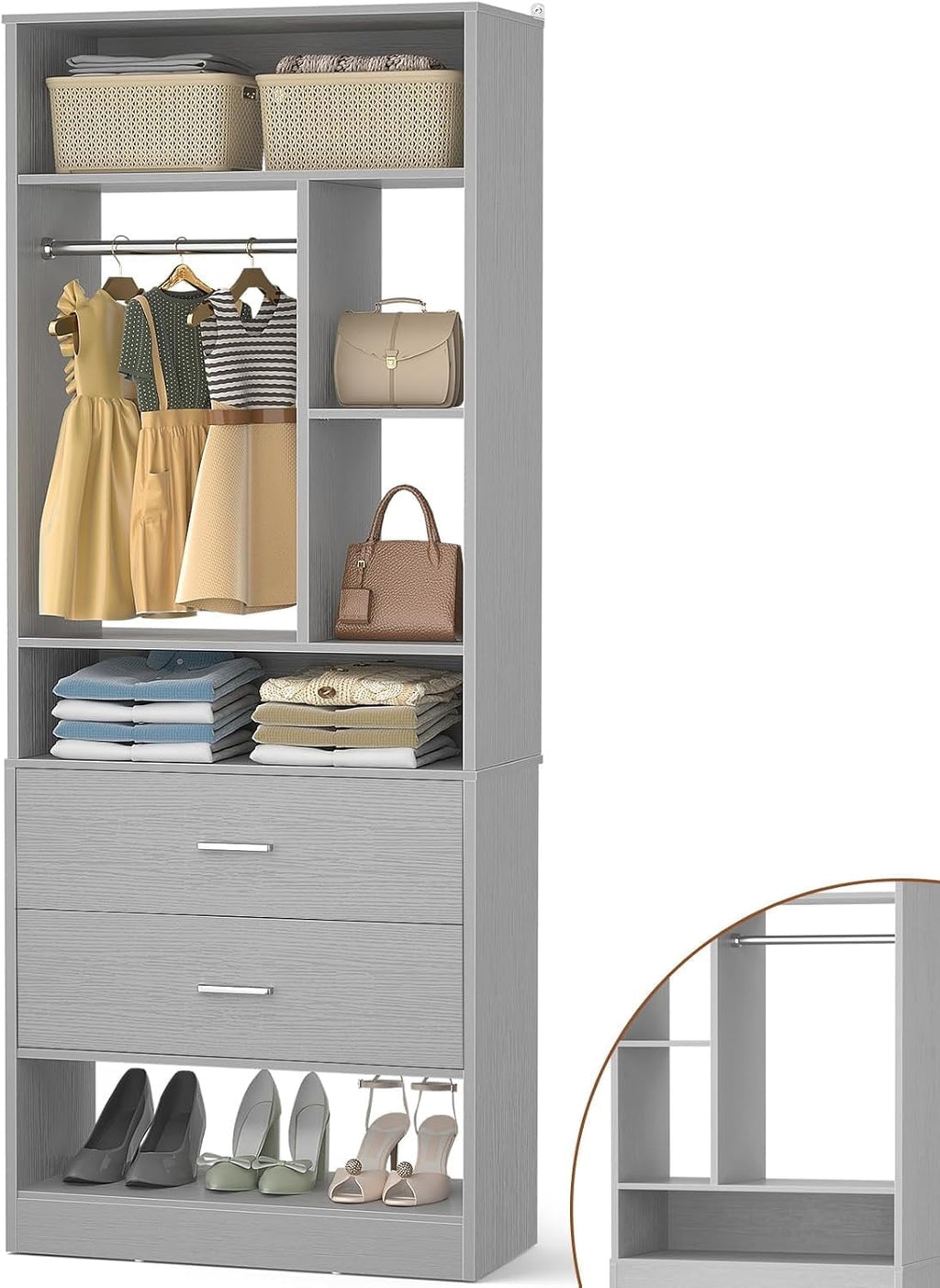 Homieasy Freestanding 24 Closet System with 2 Wood Drawers, 2FT Small Closet Organizer System with 6 Shelves & Hanging Rod, Walk-in Closet Systems for Small Closets, White