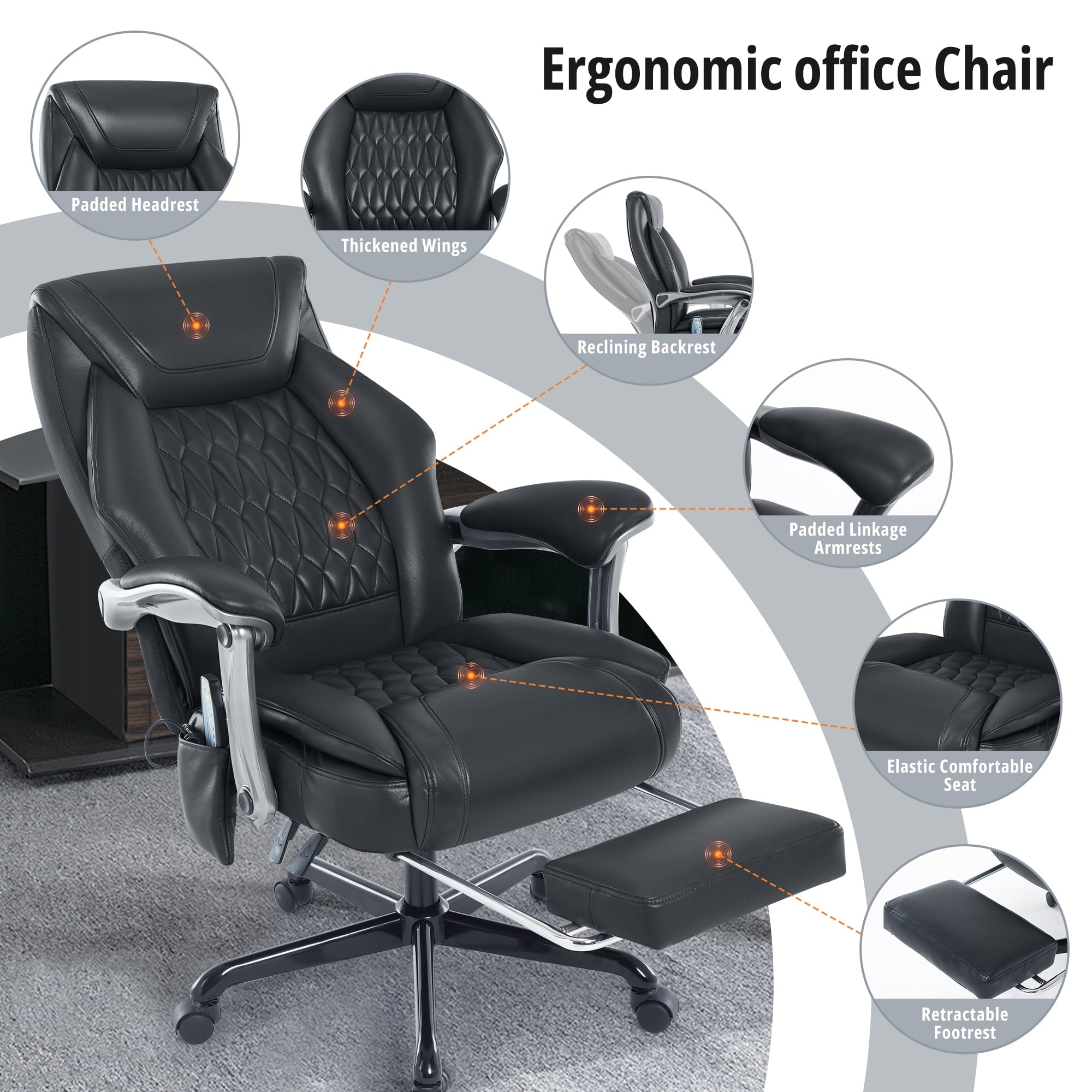 Heated Massage Office Chair with 6 Points Vibration, Reclining Ergonomic Desk Chair with Footrest for Extra Comfort, PU Leather High Back Executive Computer Chair, Thick Padded Massage Chair