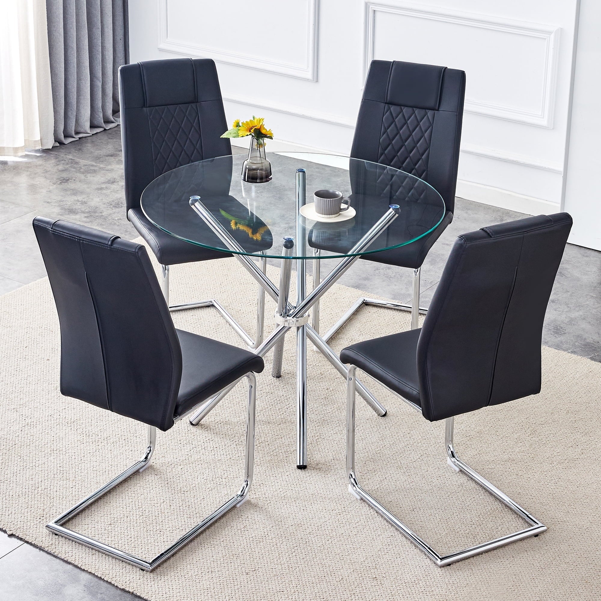 LUFTUT 36.6 Round Glass Dining Table, Modern Gold Base Kitchen Table, Small Space Bistro Table, Clear Tempered Glass Top for Apartmen