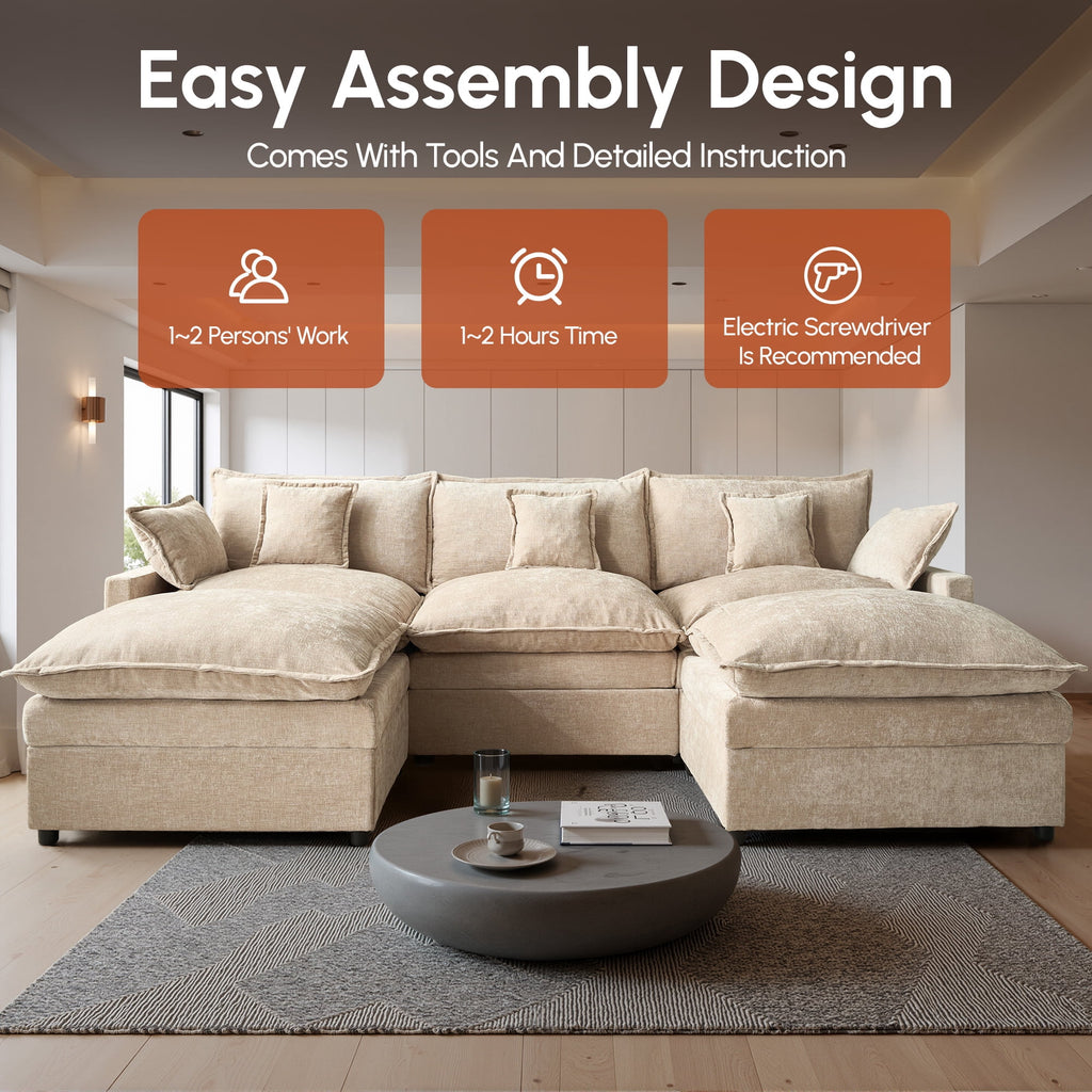 Ovios 108 Modular Sectional Sofa U-Shaped Cloud Couch with 2 Ottomans, Comfy Living Room Furniture, Chenille, Gray