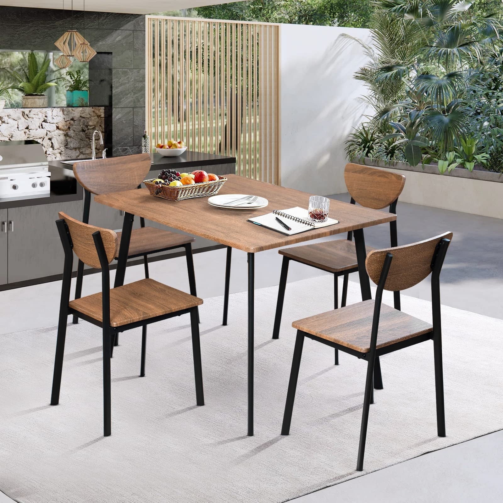 Lamerge 4 Person Dining Table Set, Wooden Dining Table 5 Piece Set with 4 Oak Metal Frame Chairs, Space Saving, Suitable for Apartments, Small Spaces, Kitchens, Breakfast Corners, Espresso Wood C
