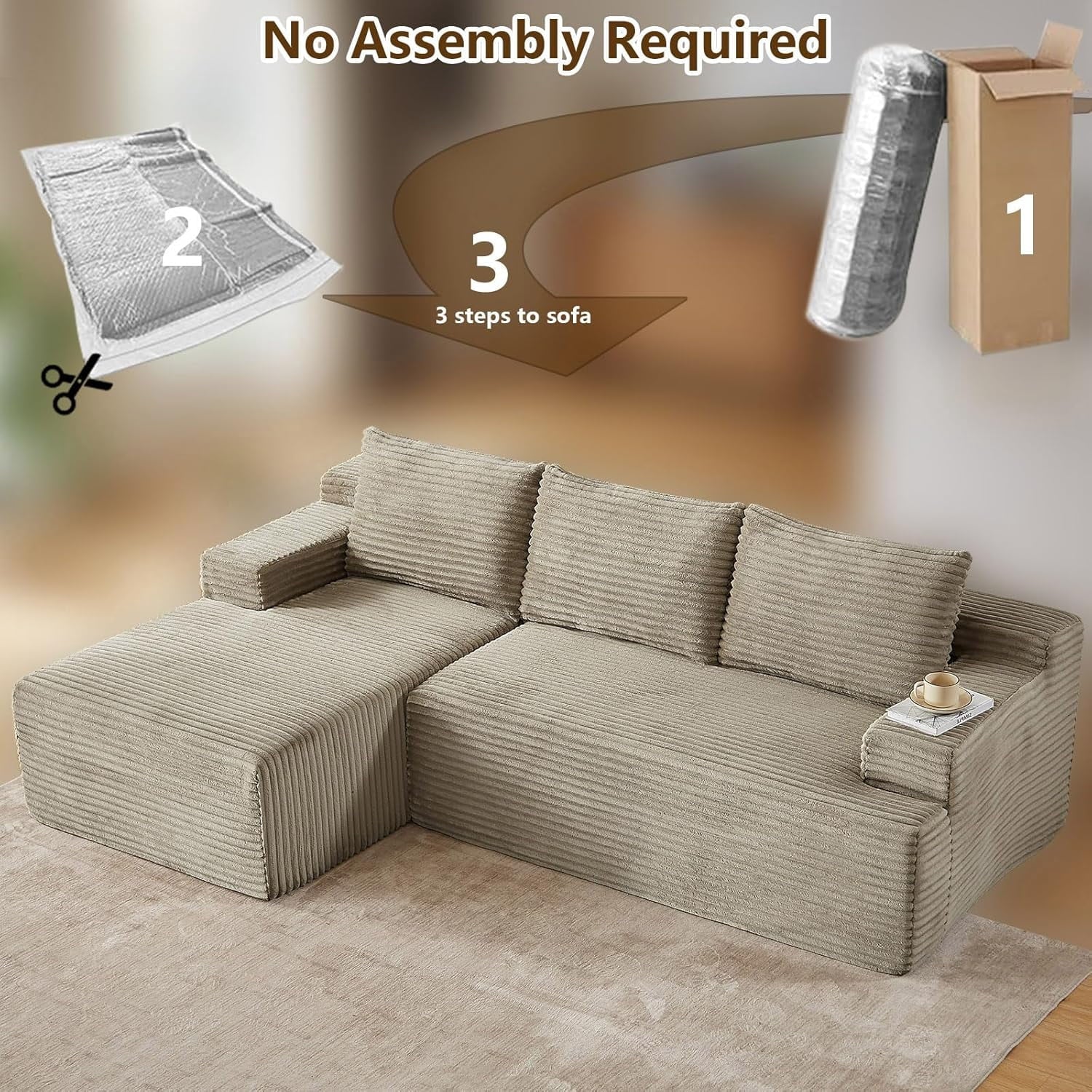 96 Boneless Cloud Couch with Chaise, Modular Sectional Sofa for Living Room, No Assembly Required, Deep Seat Corduroy Couch, Green