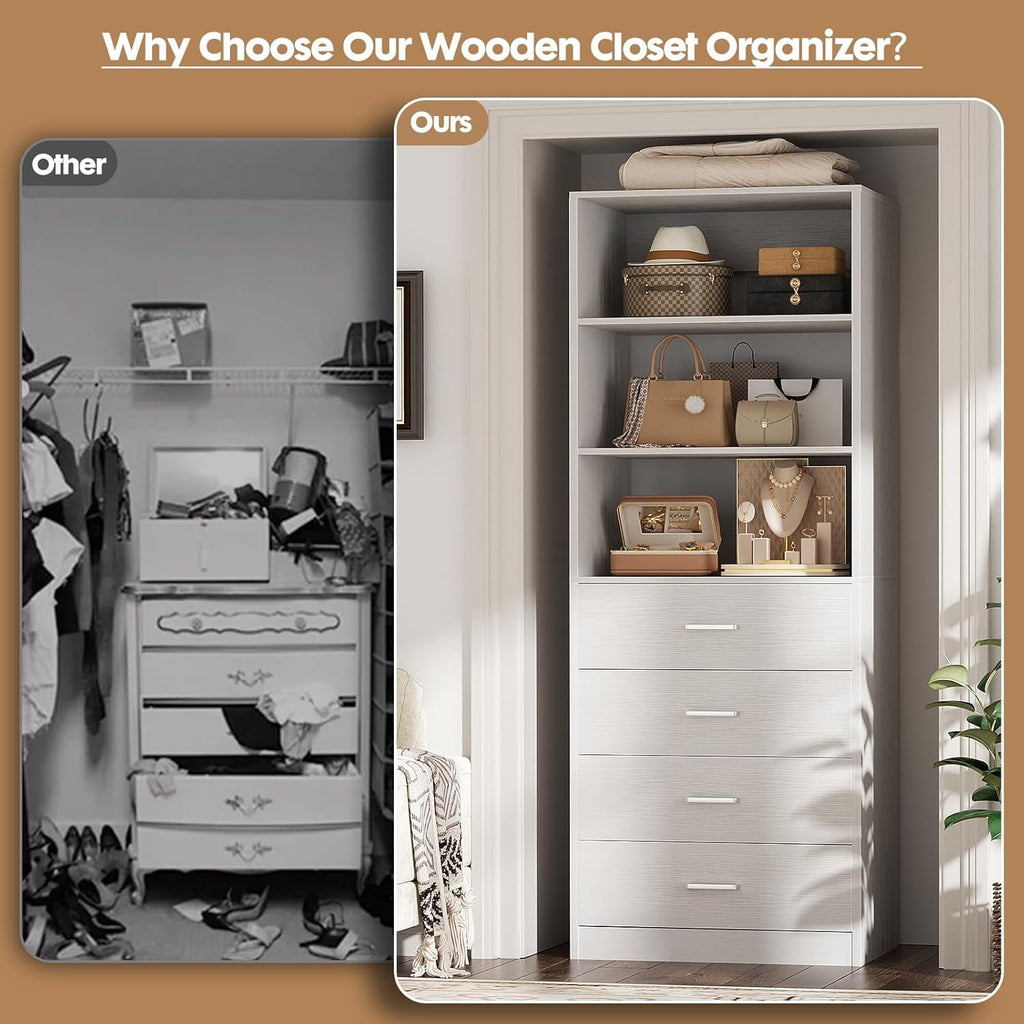 Homieasy 21.3 Inch Freestanding Closet System with 4 Wood Drawers and 3 Shelves for Walk-in Closet, Bedroom, White