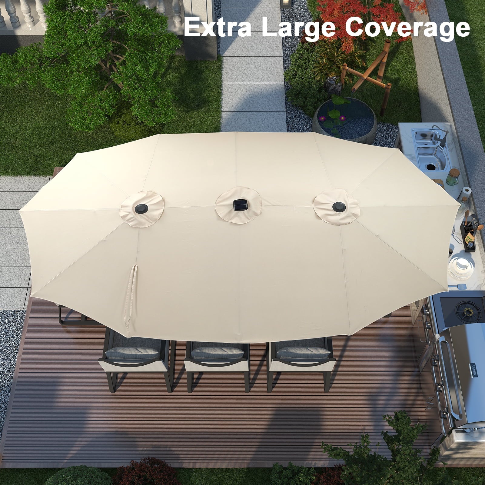 Ainfox 15ft Large Patio Umbrella with Solar Lights, Double-Sided Outdoor Rectangle Table Umbrellas with Sand Bag Base，Beige