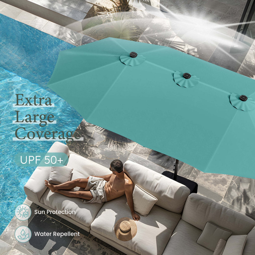SUMMIT LIVING 15ft Double-Sided Solar Patio Umbrella with Base (Included) Large Outdoor Umbrella with Solar Lights - Beige