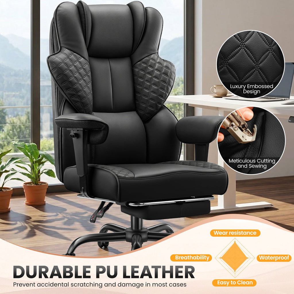 COOLHUT Big and Tall Office Chair 500lbs, Heavy Duty Ergonomic Office Desk Chair with Deluxe Embossing PU Leather with Footrest, Executive Gaming Chair with Lumbar Support, Brown