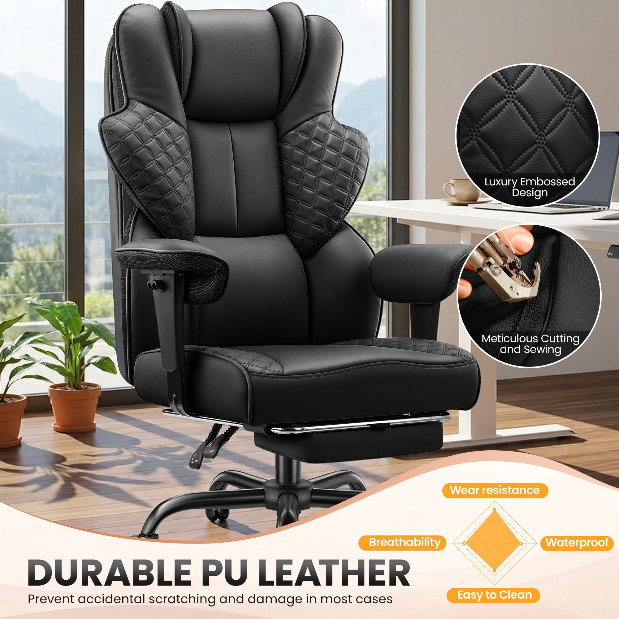 COOLHUT Big and Tall Office Chair 500lbs, Heavy Duty Ergonomic Office Desk Chair with Deluxe Embossing PU Leather with Footrest, Executive Gaming Chair with Lumbar Support, Brown