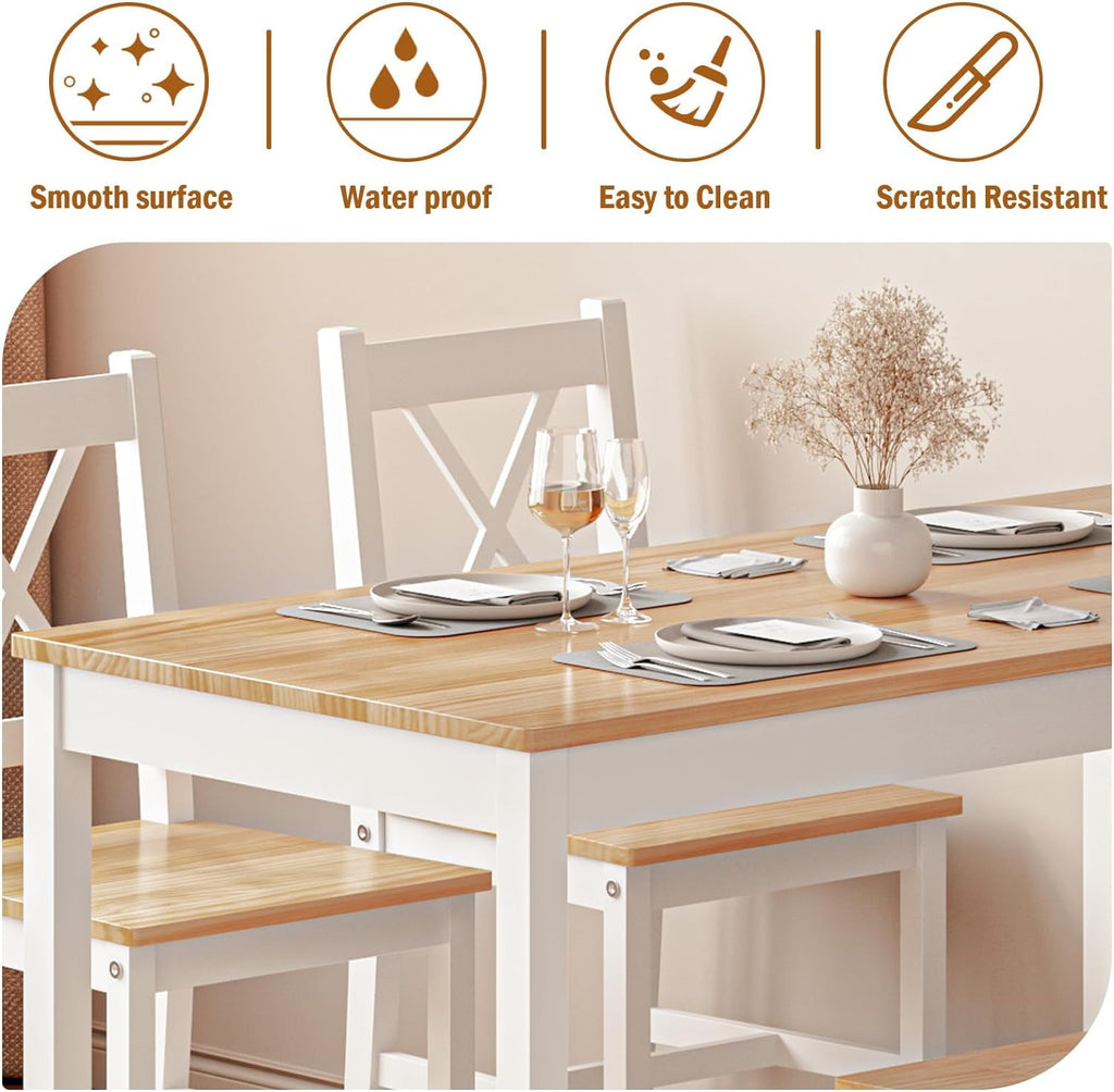 Soges 4-Person Dining Table Set 5 Pieces, Wood Kitchen Table Set with 4 Chairs for Kitchen Dining Room Restaurant, White&Oak
