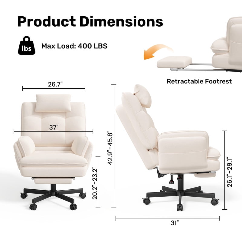 Hawsaiy Big and Tall Office Chair with Footrest, Ergonomic Executive Desk Chair with Flip-Up Arms, Reclining High Back Computer Chair with Headrest & Side Pockets, White