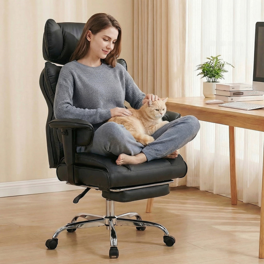 edx Executive Home Office Desk Chair, Ergonomic Big Tall High Back with Footrest & Lumbar Support, Reclining Comfy PU Leather Computer Gaming Chair with Swivel Wheels, Height Adjustable, Black