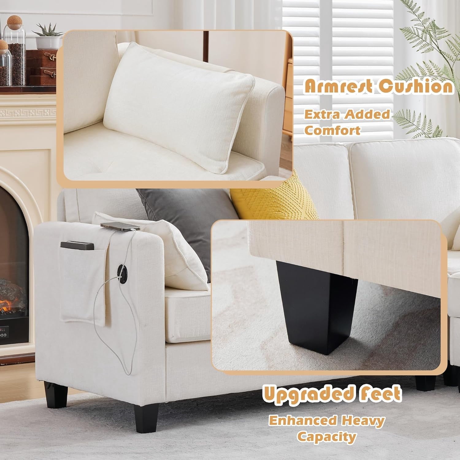Haverchair L-Shape Chenille Sectional Sofa with Storage Ottoman,Modern Convertible Couch with Removable Cover,USB and Type-C,Side Pockets,Armrest Pillows for Living Room,Apartment,Office,White