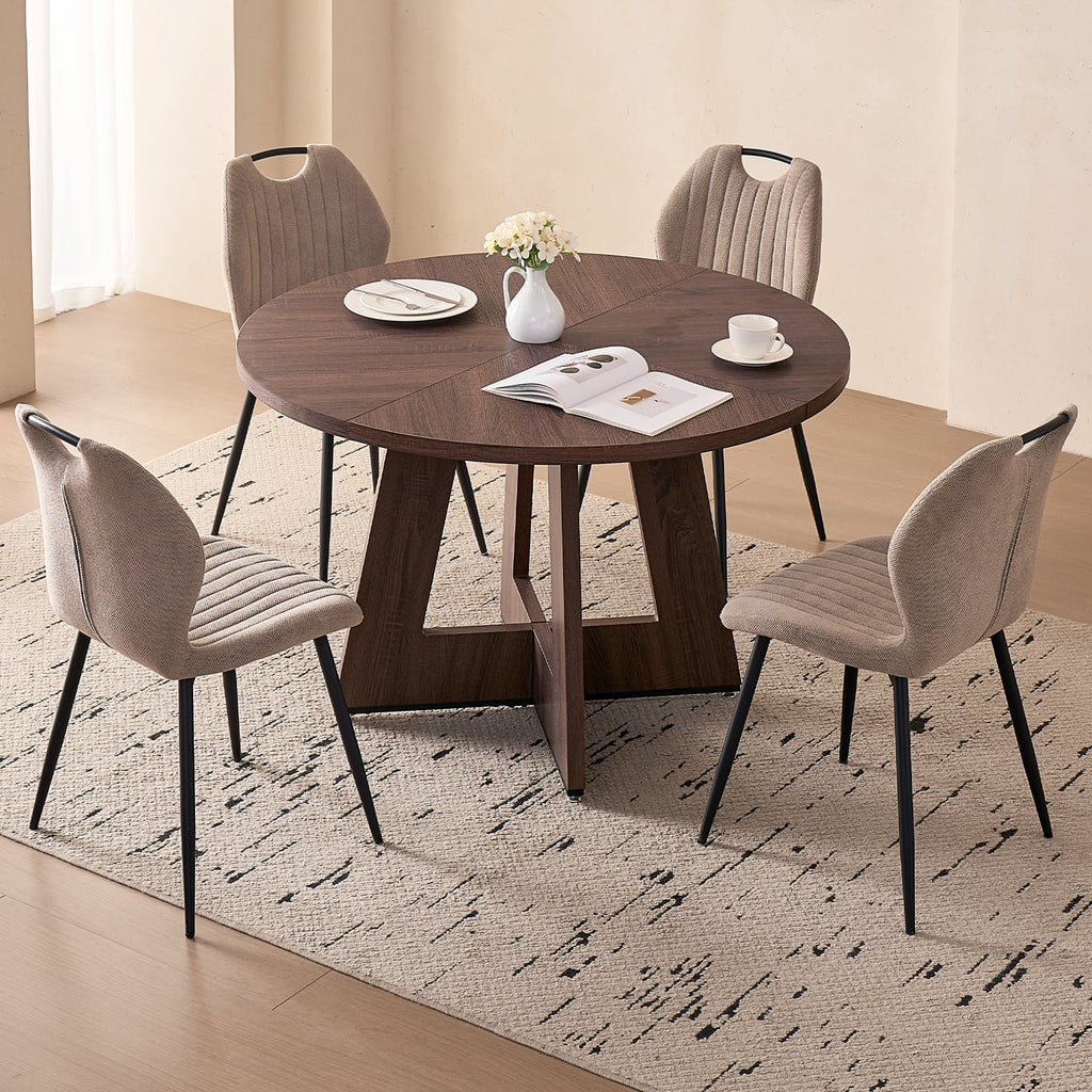5 Piece 47'' Round Dining Table Chairs Set for 4, Farmhouse Oak Kitchen Table with 4 Boucle Mid Century Modern Dinning Room Chairs, Wood Dinner Table &Upholstered Chair Set of 4, Beige