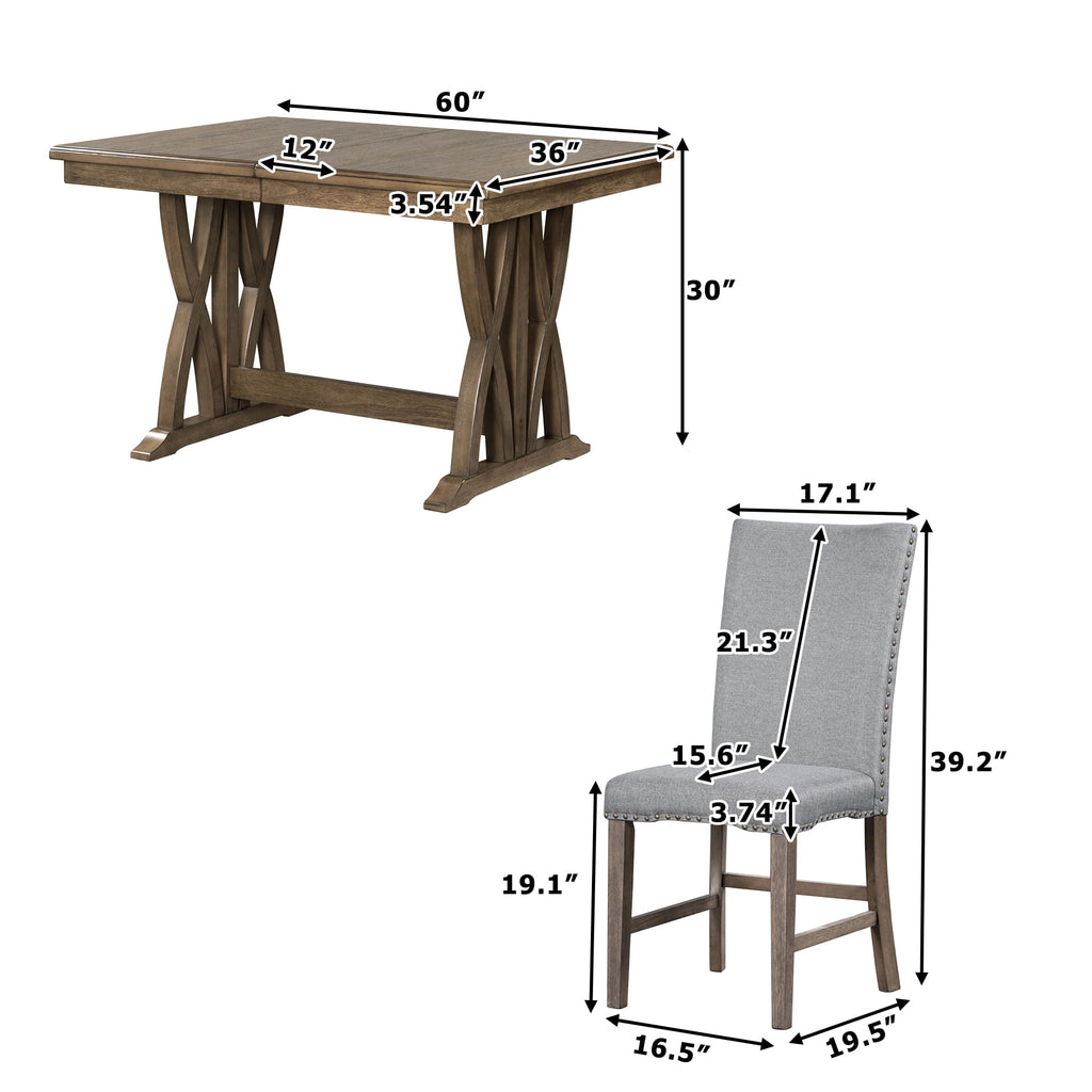 Harper & Bright Designs 7 Pieces Retro Dining Set for 6, Wood Rectangular Table with Designed Trestle Base and 6 Upholstered Chairs for Dining Room and Kitchen, Grey