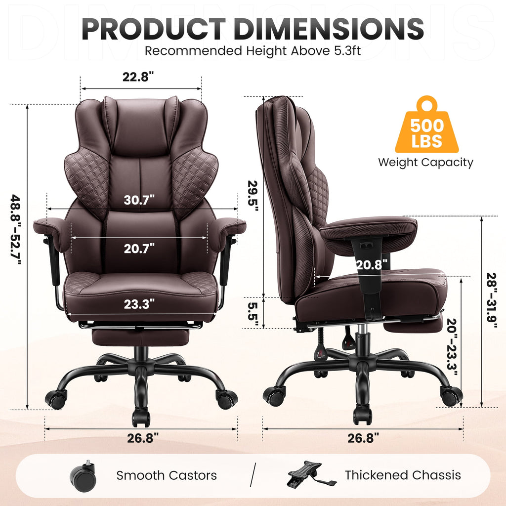 COOLHUT Big and Tall Office Chair 500lbs, Heavy Duty Ergonomic Office Desk Chair with Deluxe Embossing PU Leather with Footrest, Executive Gaming Chair with Lumbar Support, Brown
