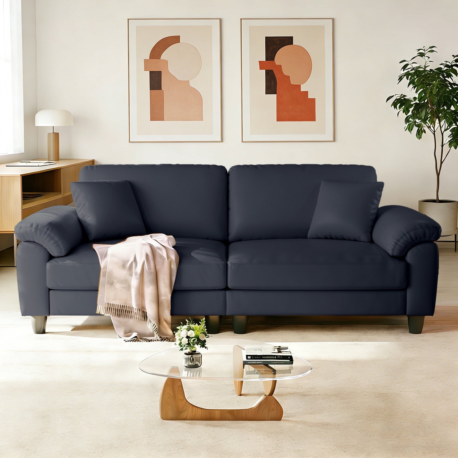 83 Couch Premium PU Leather Sofa, Deep Seat Oversized Loveseat for Living Room (Includes 2 Pillows), Brown