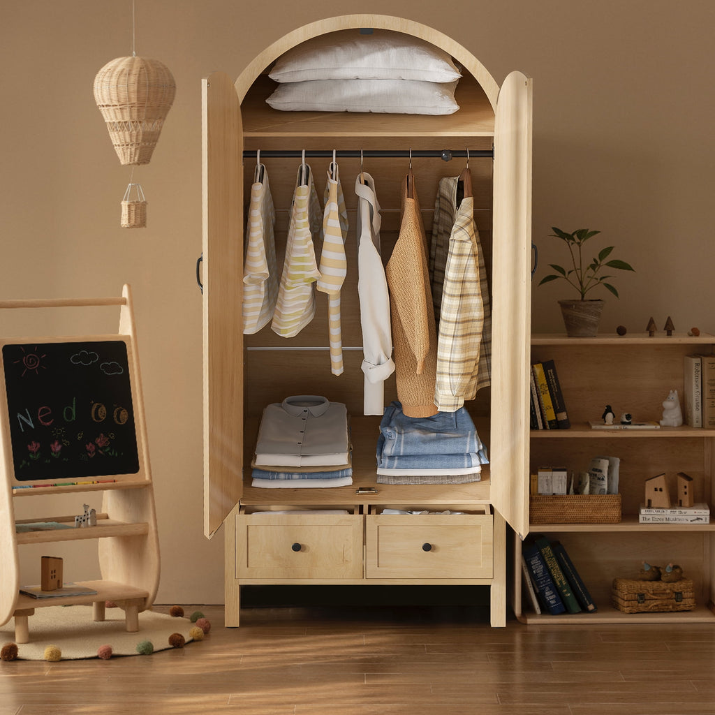 Oubayajia Arched Armoire Wardrobe Closet with Fluted Doors, Wooden Wardrobe Closet with Drawers, Shelves and Hanging Rod for Bedroom