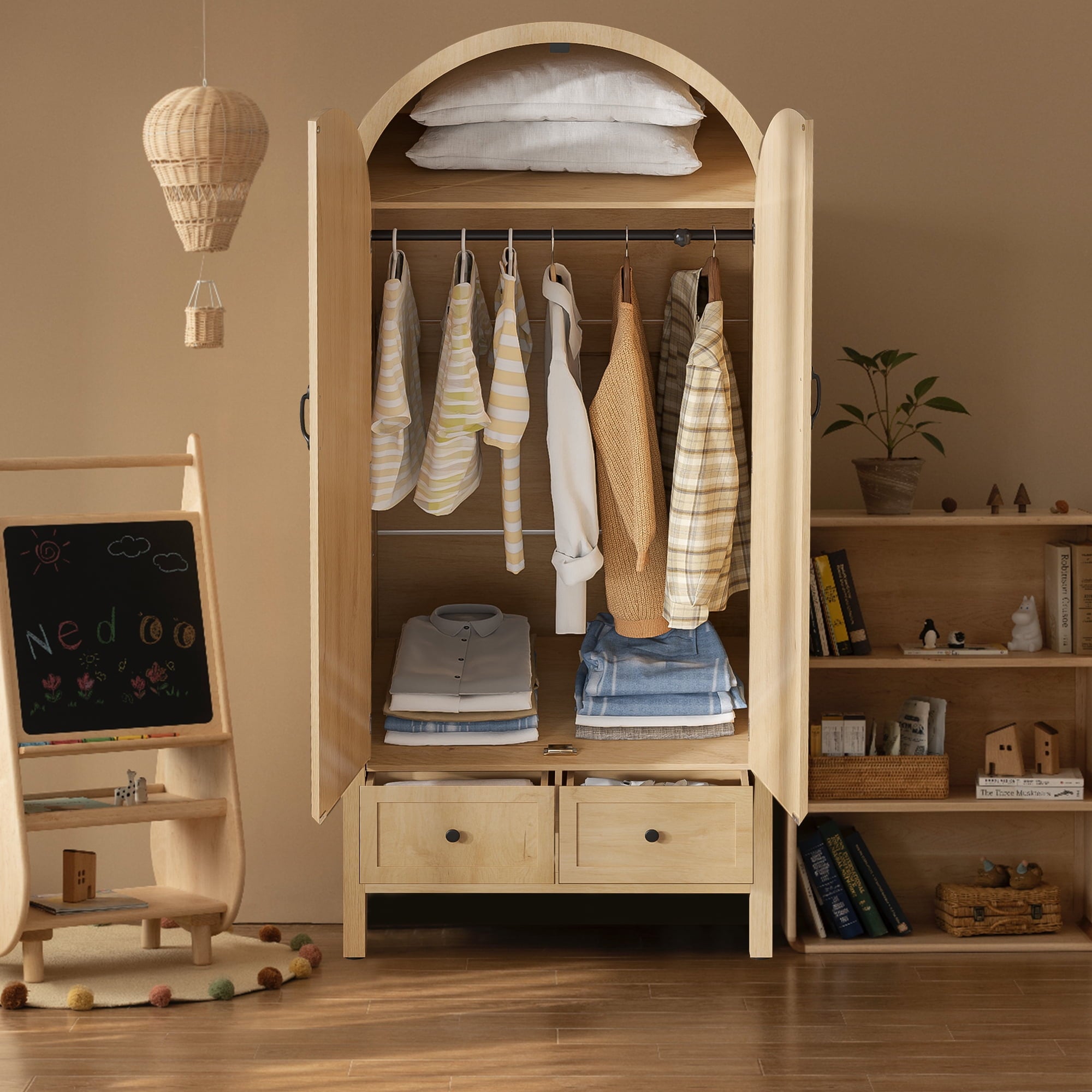 Oubayajia Arched Armoire Wardrobe Closet with Fluted Doors, Wooden Wardrobe Closet with Drawers, Shelves and Hanging Rod for Bedroom