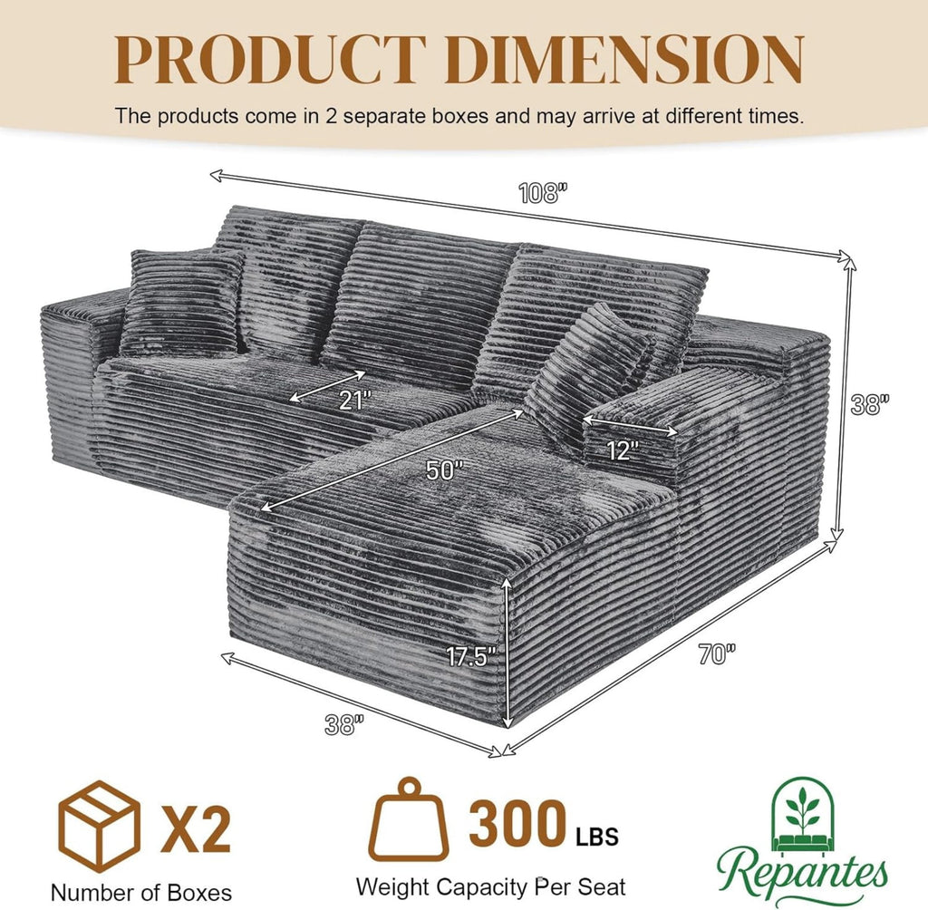 LLappuil 108 Sectional Sofa, Modular Sectional Couch with Left Chaise, Deep Seat Corduroy Cloud Sofa for Living Room Black
