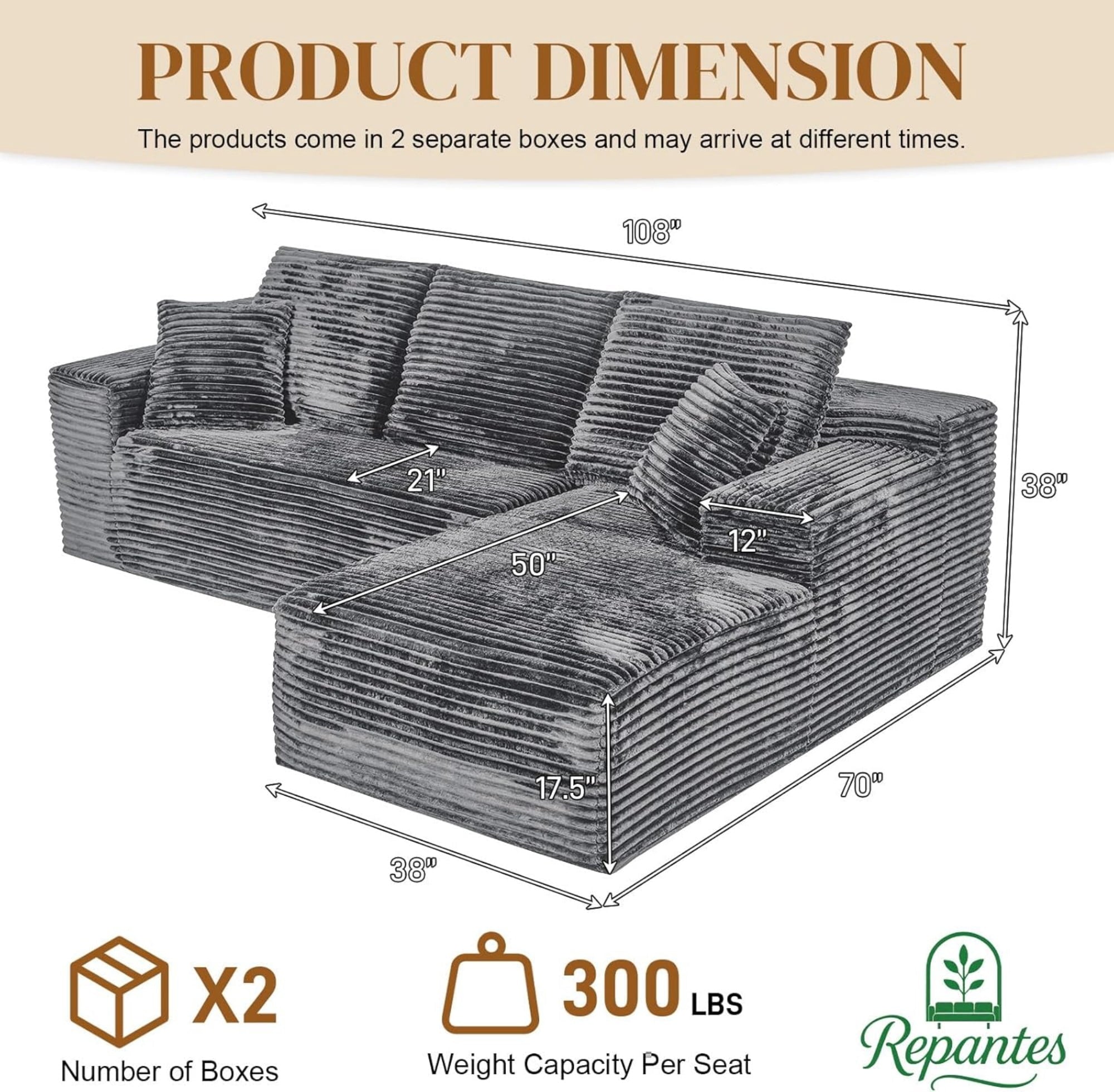 LLappuil 108 Sectional Sofa, Modular Sectional Couch with Left Chaise, Deep Seat Corduroy Cloud Sofa for Living Room Black
