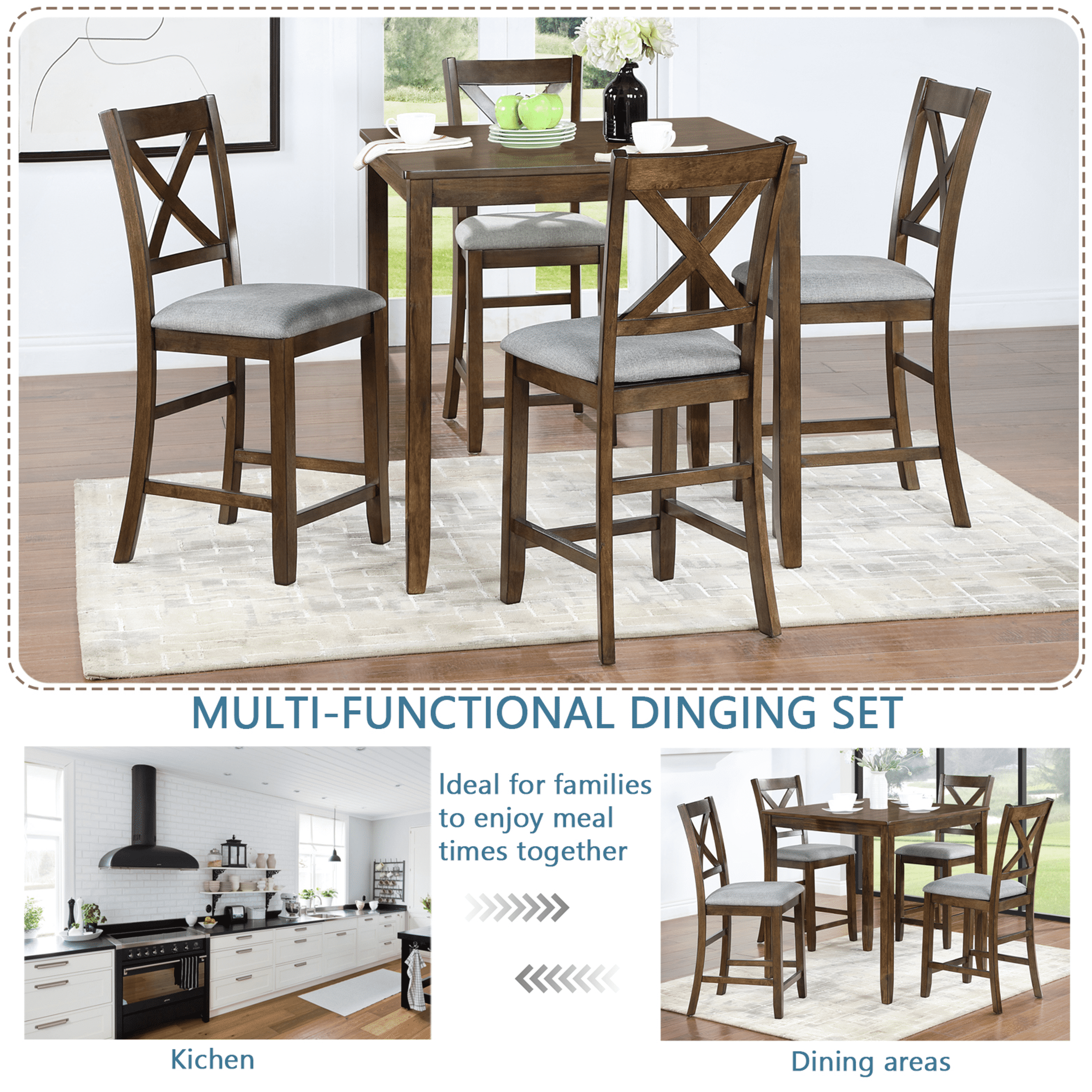 SESSLIFE Dining Table Set for 4, Counter Height Kitchen Table Set with Square Table and 4 Upholstered Chairs, Solid Wood Dining Room Set for 4, Space-Saving, Black & Oak