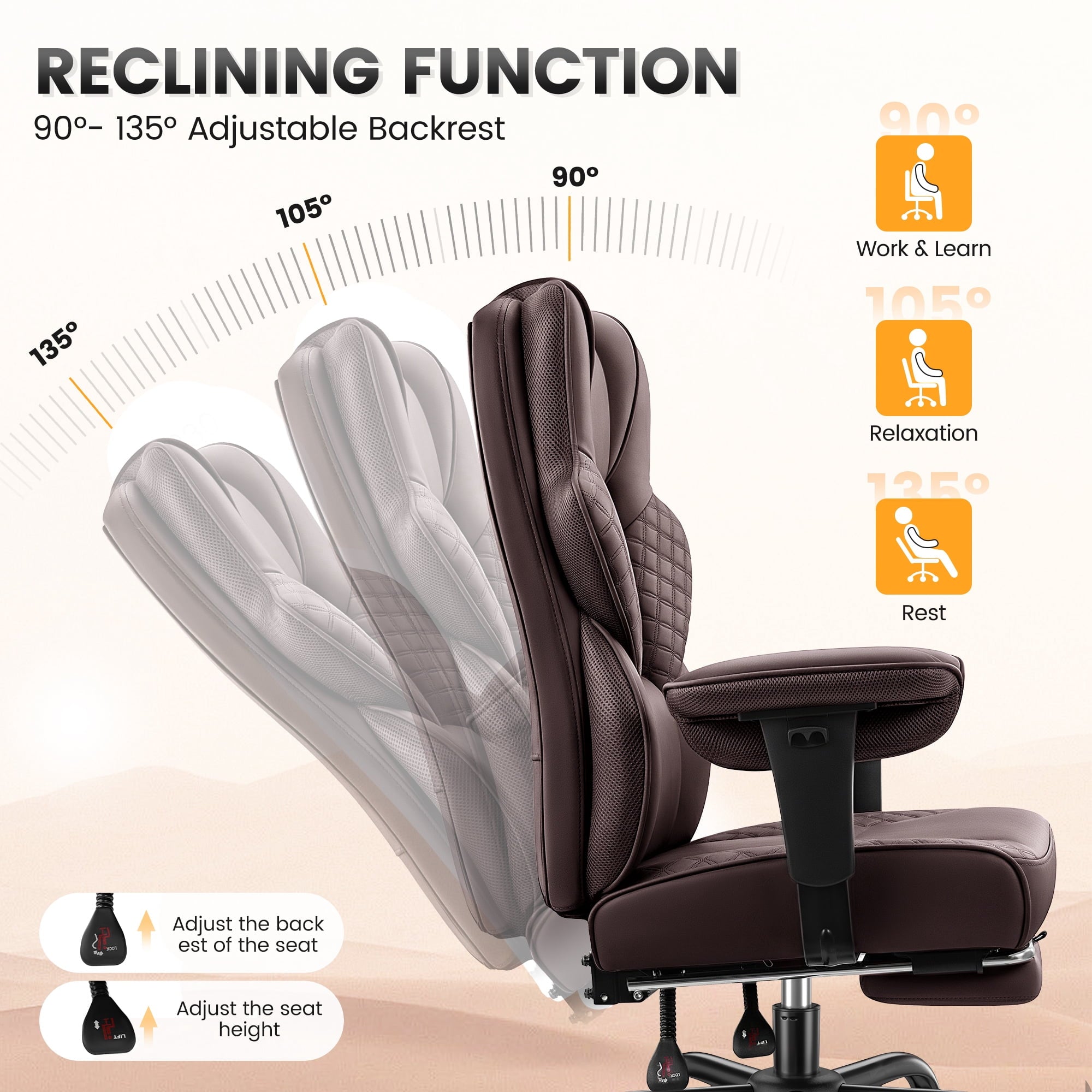 COOLHUT Big and Tall Office Chair 500lbs, Heavy Duty Ergonomic Office Desk Chair with Deluxe Embossing PU Leather with Footrest, Executive Gaming Chair with Lumbar Support, Brown