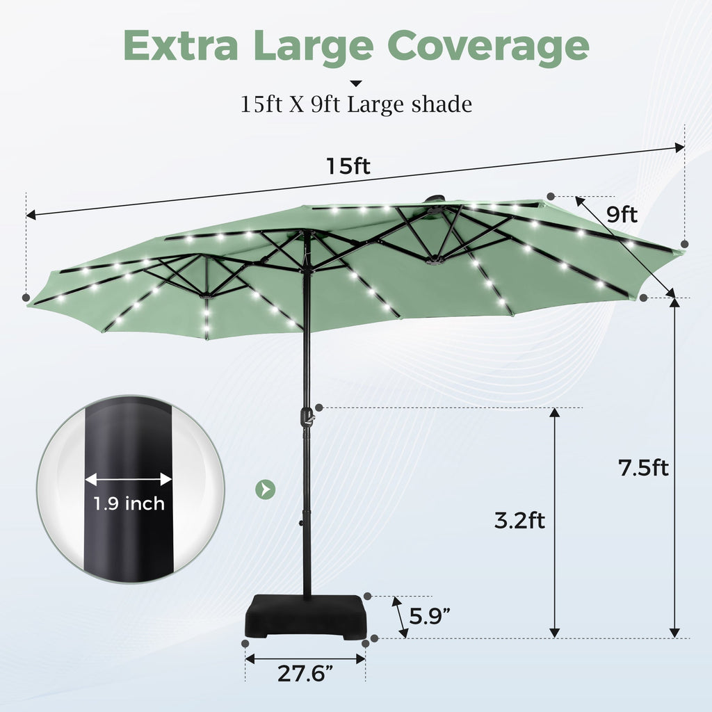 Alpha Joy 15ft Extra Large Outdoor Patio Double-Sided Umbrella with LED Solar Lights & Umbrella Base, Beige