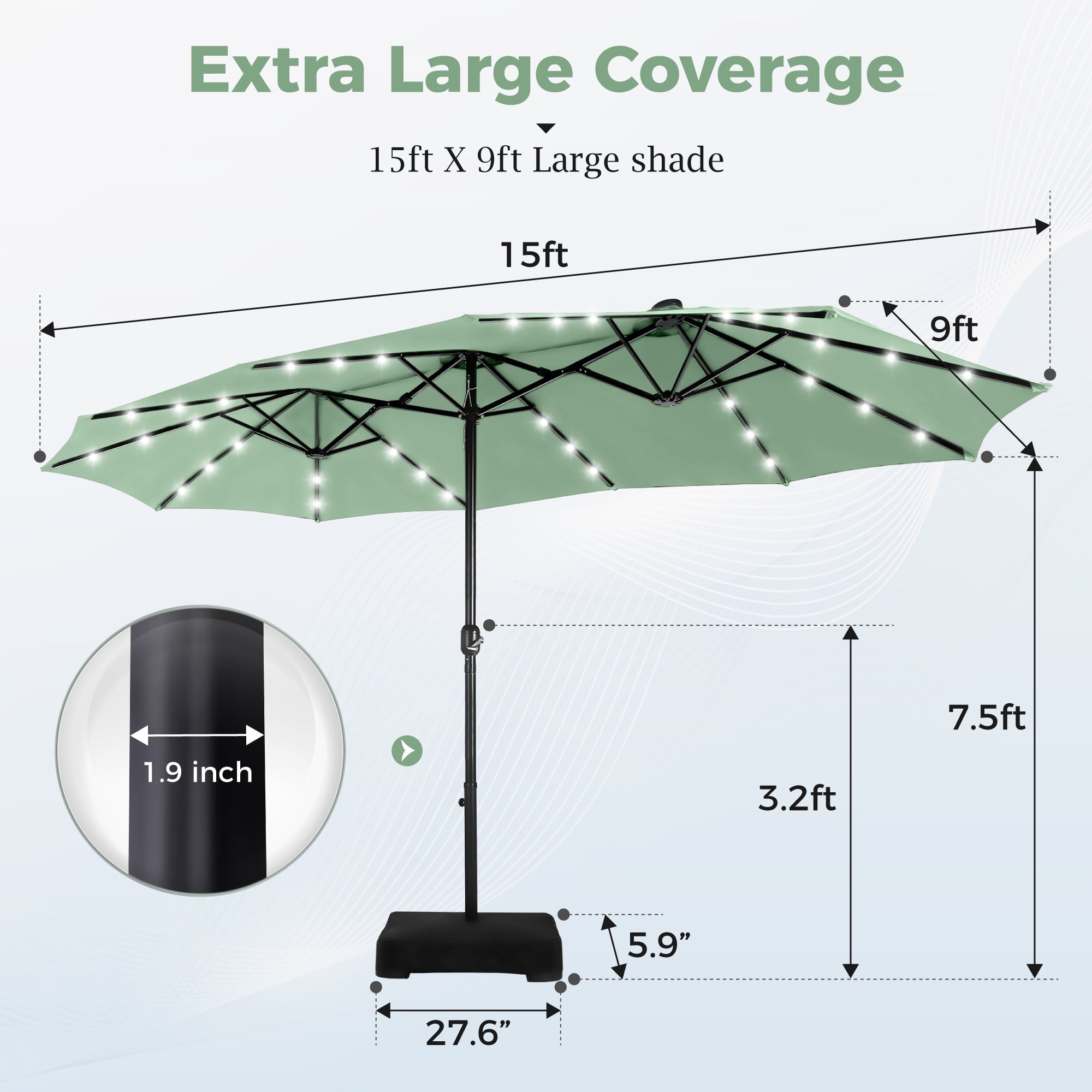 Alpha Joy 15ft Extra Large Outdoor Patio Double-Sided Umbrella with LED Solar Lights & Umbrella Base, Beige