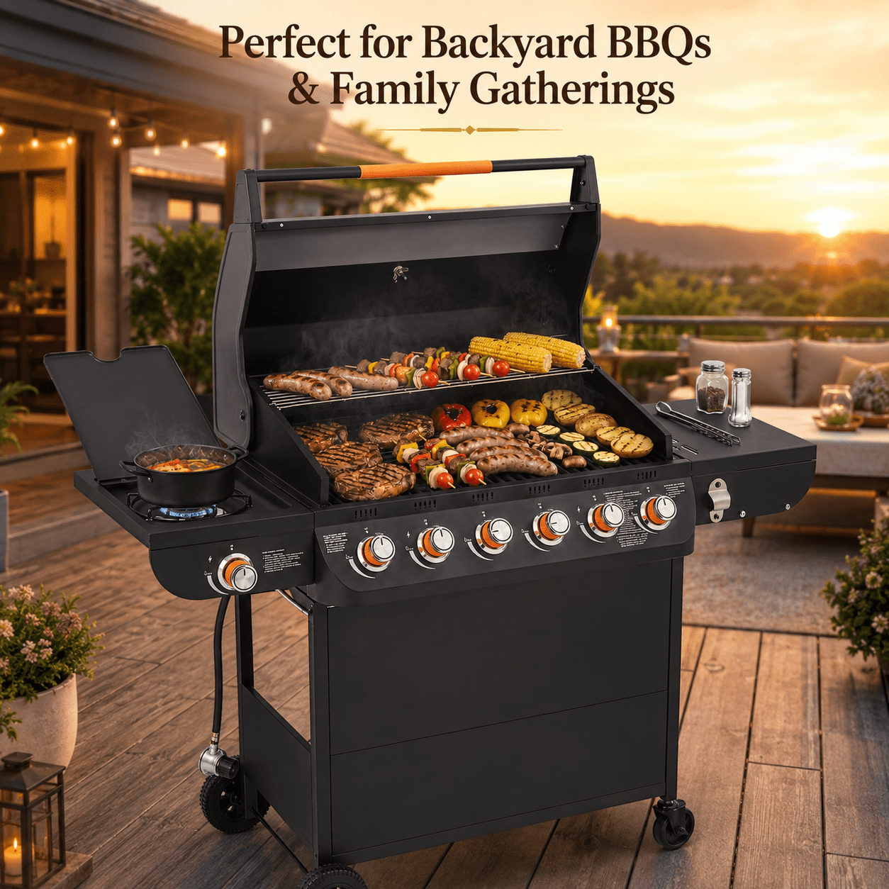 72,000 BTU Gas Grills Clearance, 6-Burner Propane BBQ Grill with Side Burner, 650 Sq.In Cooking Area, Cast Iron Grates, Warming Rack, Thermometer, Outdoor Grill for Patio Backyard