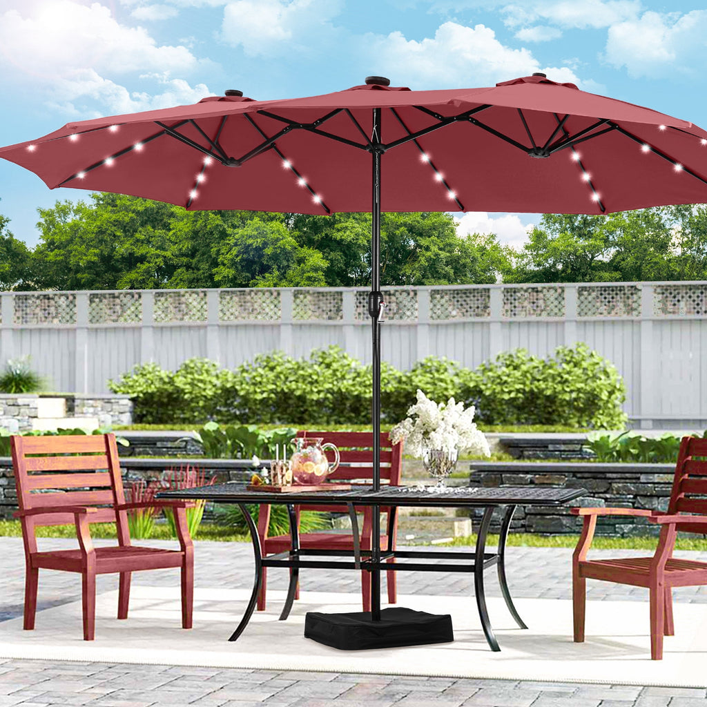 Alpha Joy 15ft Extra Large Outdoor Patio Double-Sided Umbrella with LED Solar Lights & Umbrella Base, Beige