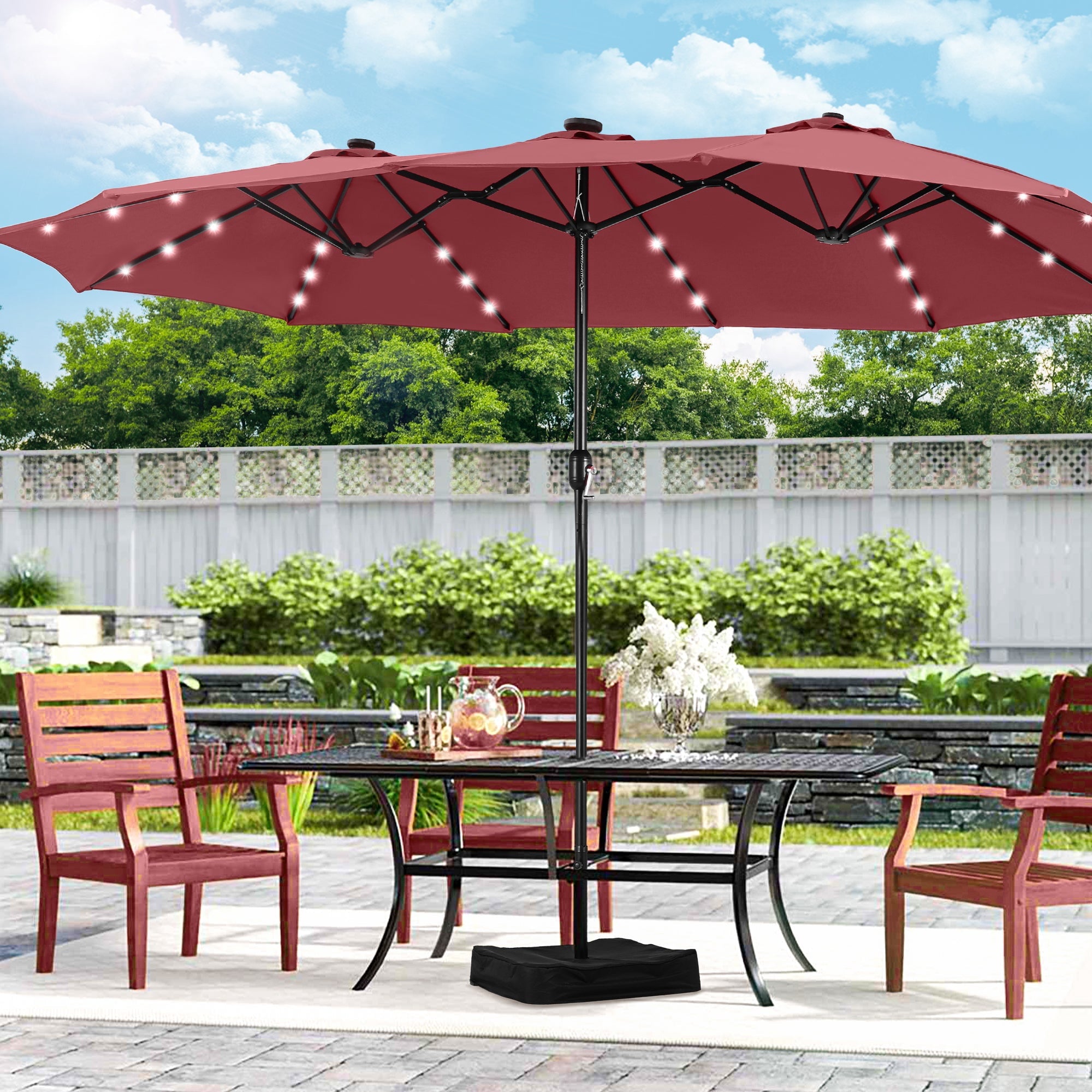 Alpha Joy 15ft Extra Large Outdoor Patio Double-Sided Umbrella with LED Solar Lights & Umbrella Base, Beige