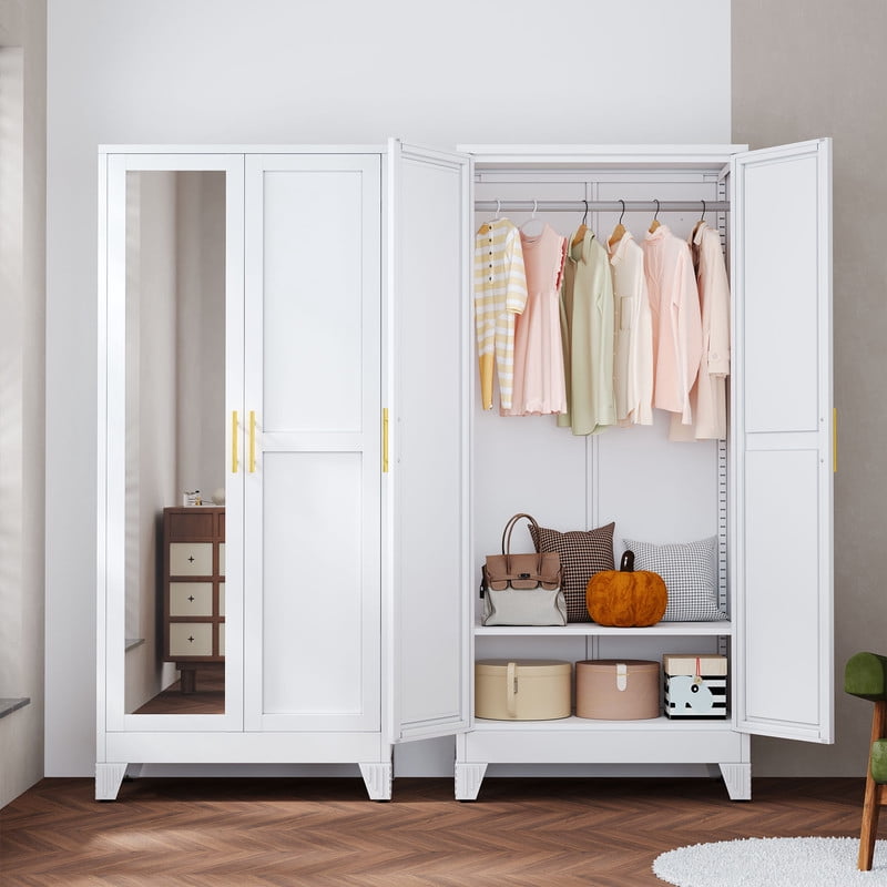 Ero Metal Freestanding Armoire Wardrobe Closet with Hanging Rod and Mirror