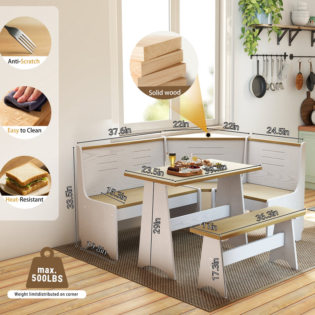 Breakfast Nook Kitchen Corner Dining Table Bench Chair Set, Space-Saving 3-4 Seat L-Shape Farmhouse Mid Century Modern Style for Family Home Black Wood