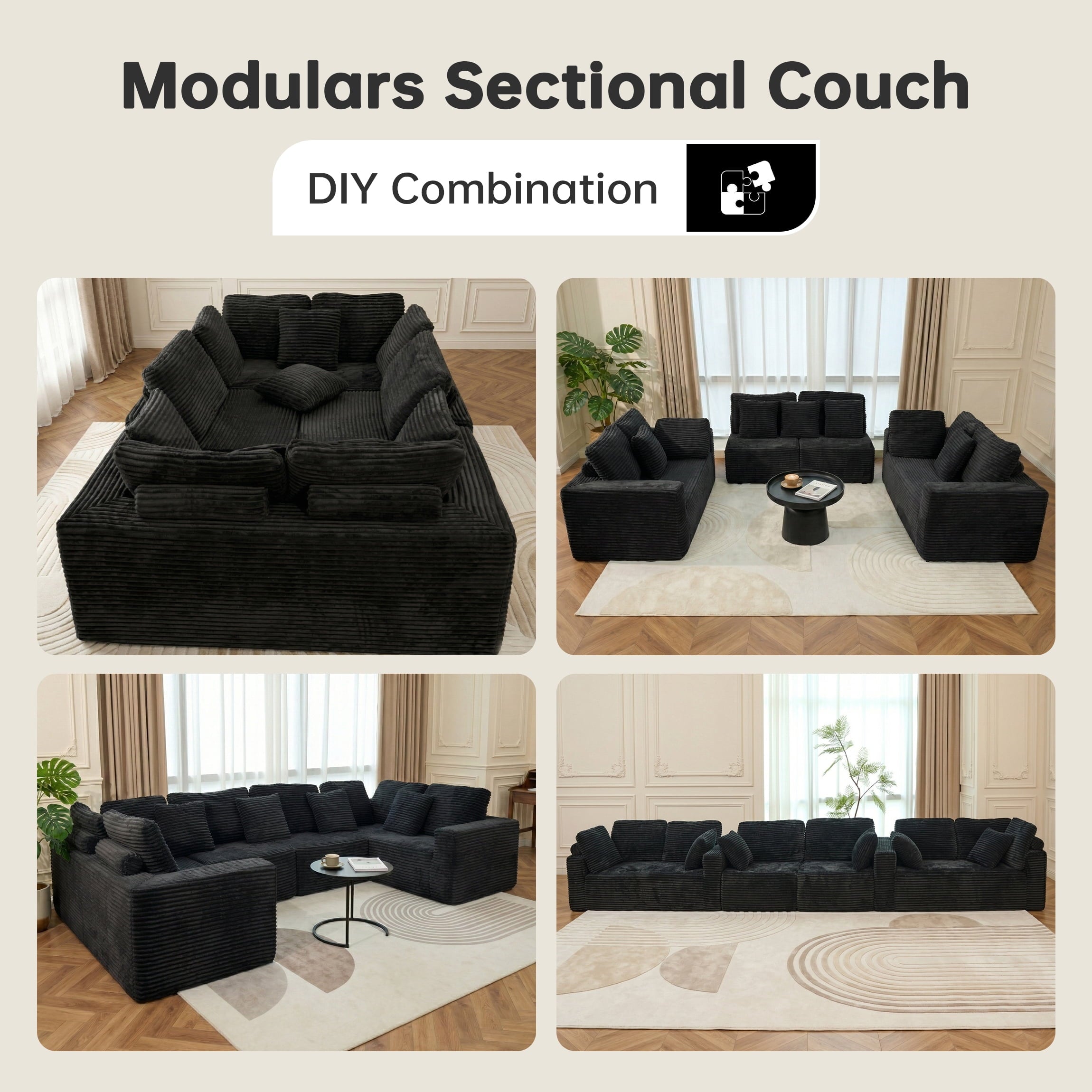 SOULART 138.5 U Shaped Sectional Couch,Gray Cloud Boneless Sofa For Living Room,Plush Corduroy Couches With Deep Seat Chaise Lounge,No Assembly Required